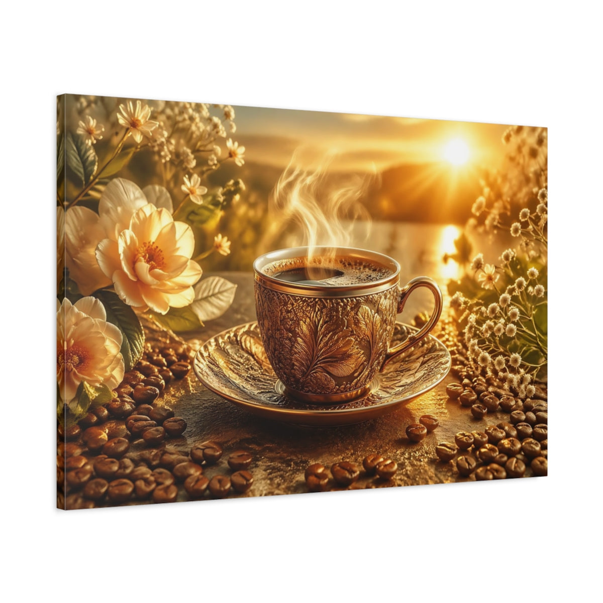 Main Mockup. Nature Coffee Cup Golden Coffee Morning shown as stretched canvas wall art