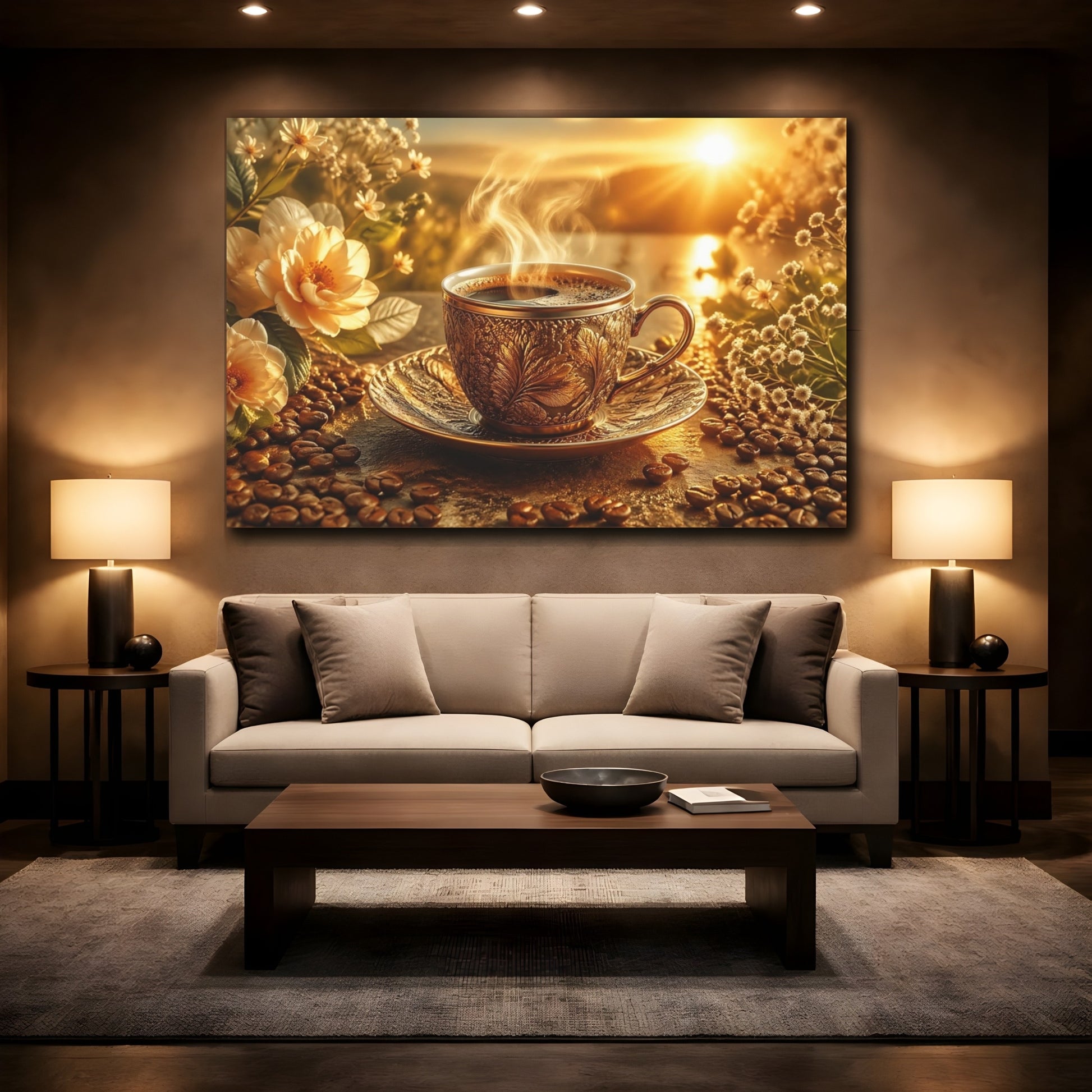 Mockup 2. Nature Coffee Cup Golden Coffee Morning shown as stretched canvas wall art