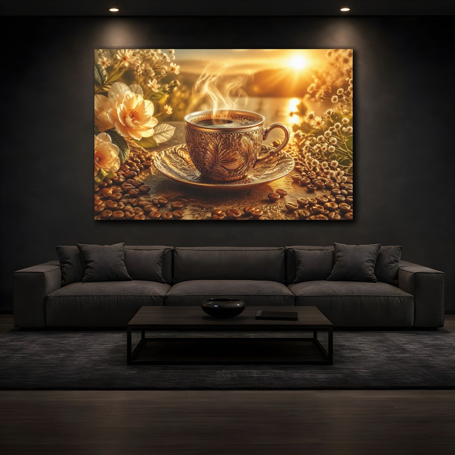 Mockup 3. Nature Coffee Cup Golden Coffee Morning shown as stretched canvas wall art