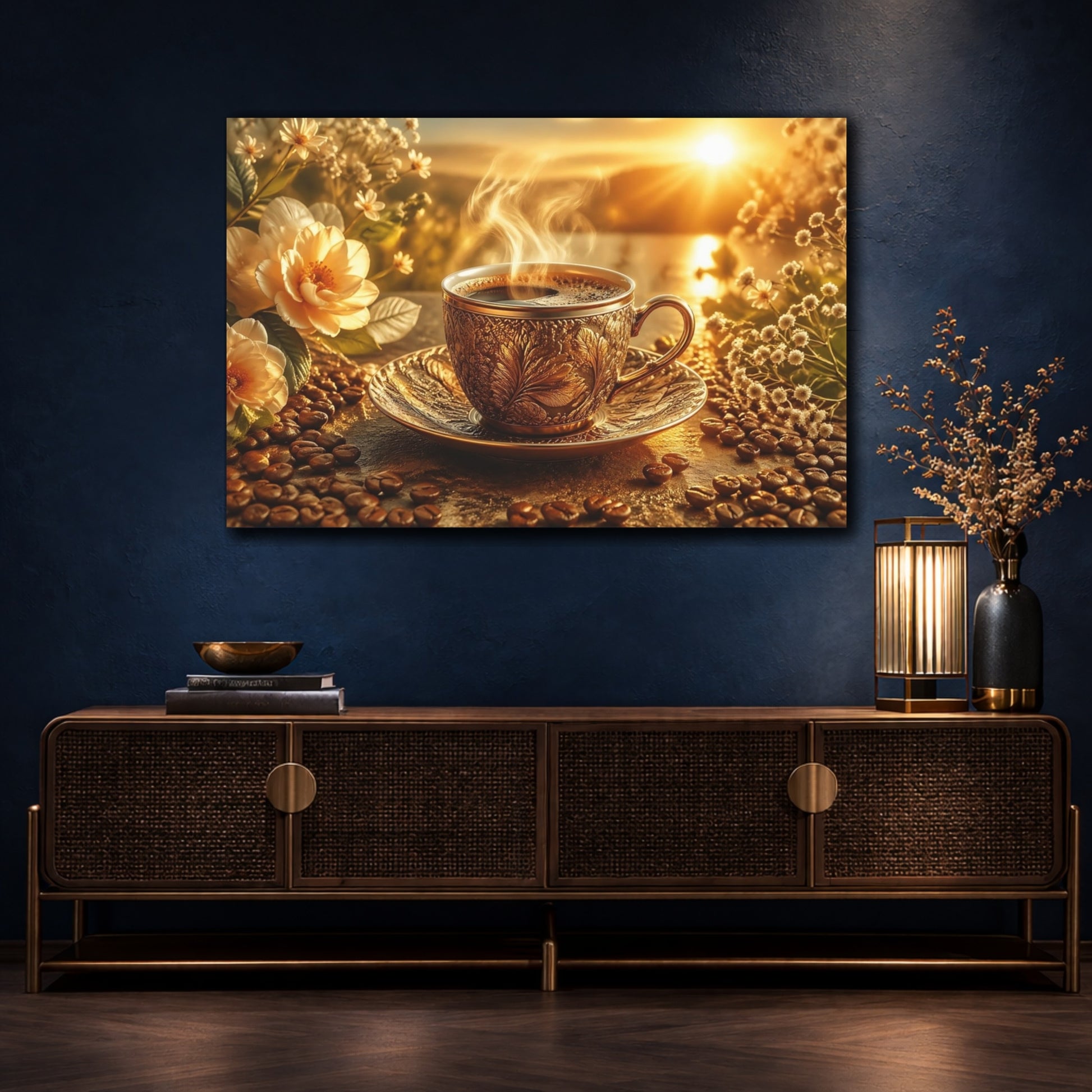 Mockup 4. Nature Coffee Cup Golden Coffee Morning shown as stretched canvas wall art