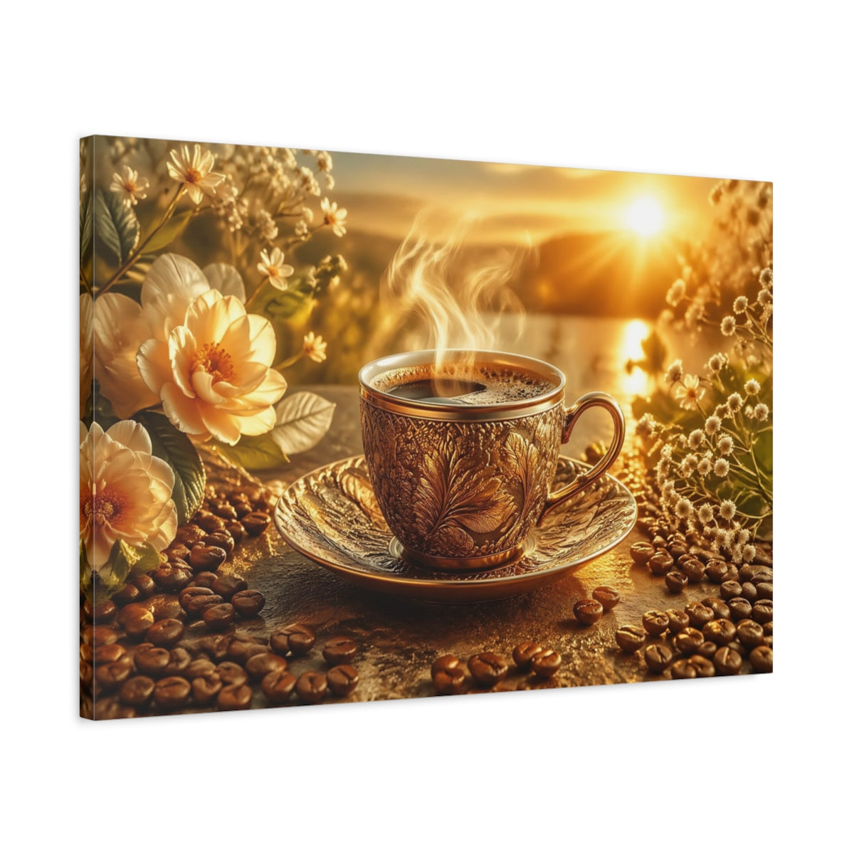 Side Mockup 2. Nature Coffee Cup Golden Coffee Morning shown as stretched canvas wall art