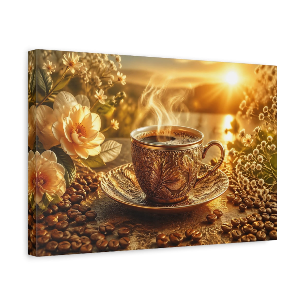 Side Mockup 4. Nature Coffee Cup Golden Coffee Morning shown as stretched canvas wall art