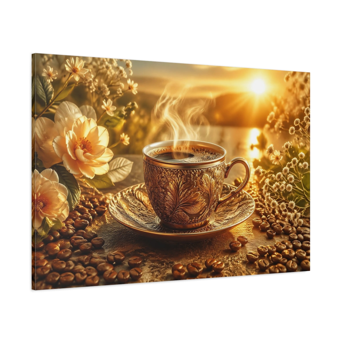 Side Mockup 1. Nature Coffee Cup Golden Coffee Morning shown as stretched canvas wall art