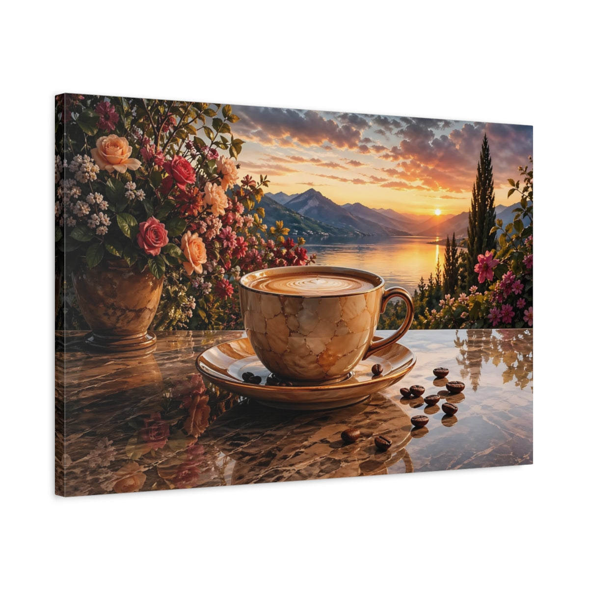 Side Mockup 2. Nature Coffee Cup Golden Sunset Coffee shown as stretched canvas wall art