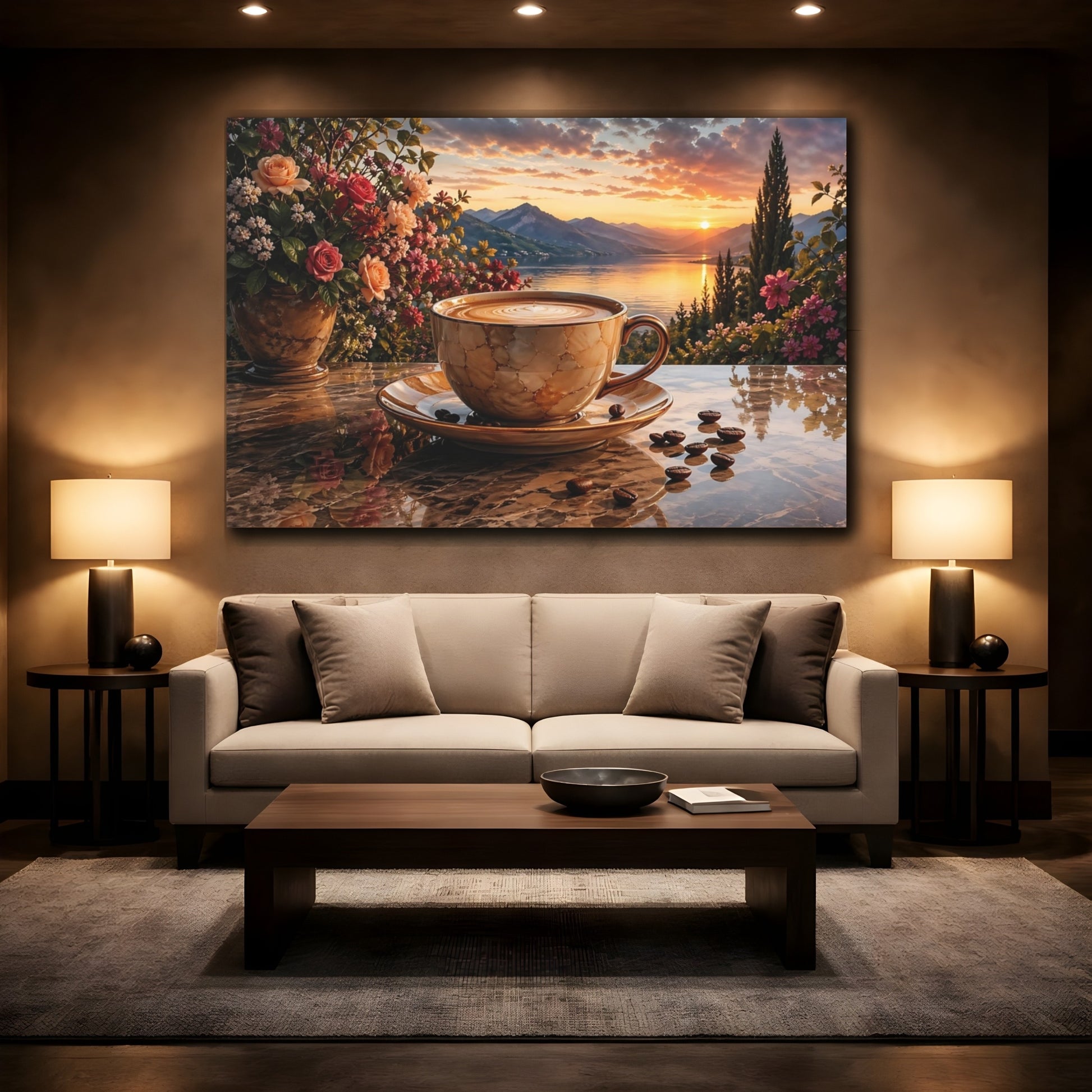 Mockup 2. Nature Coffee Cup Golden Sunset Coffee shown as stretched canvas wall art