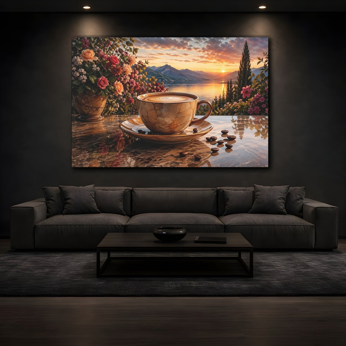 Mockup 3. Nature Coffee Cup Golden Sunset Coffee shown as stretched canvas wall art
