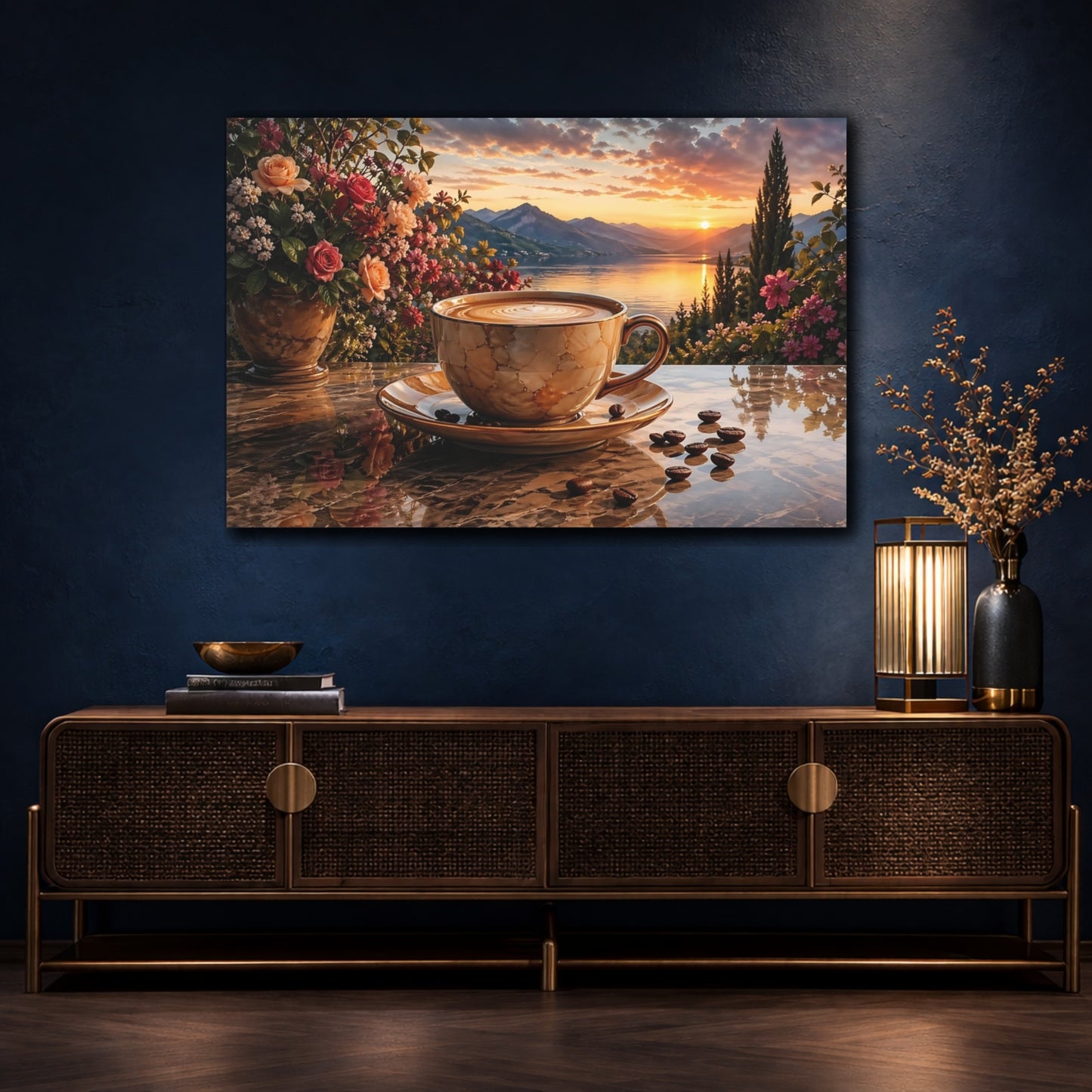 Mockup 4. Nature Coffee Cup Golden Sunset Coffee shown as stretched canvas wall art
