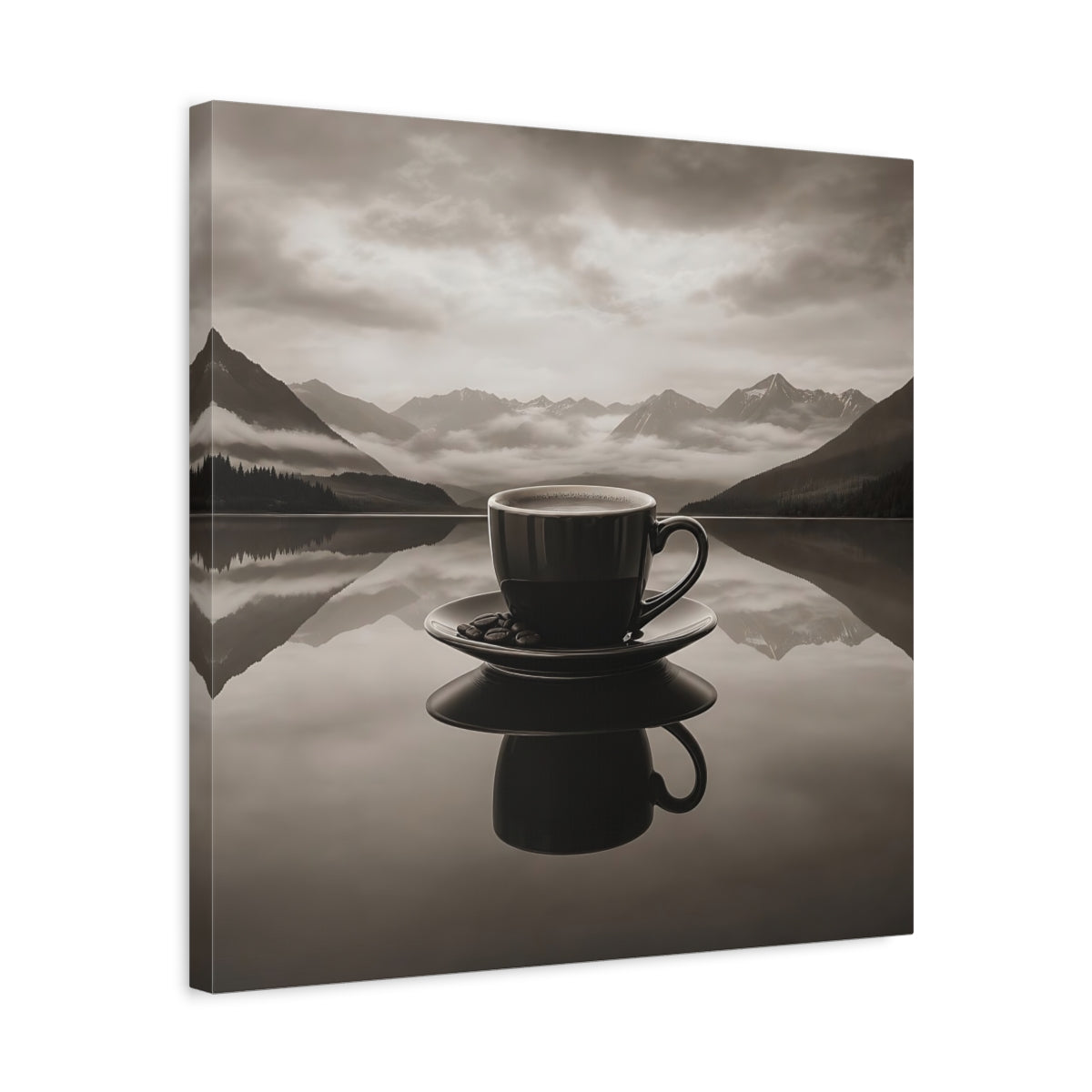 Side Mockup 5. Nature Coffee Cup Monochrome Coffee shown as stretched canvas wall art