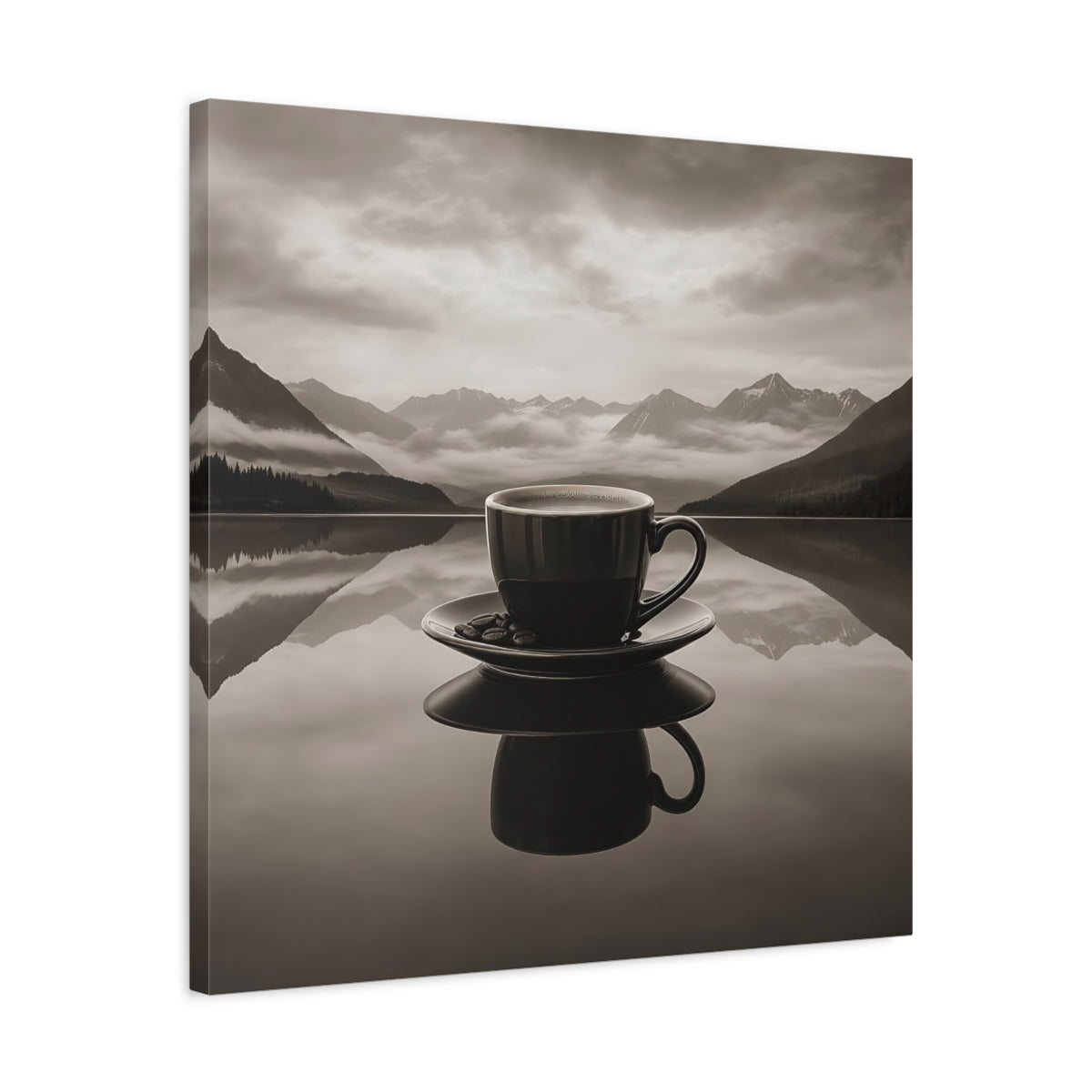 Side Mockup 4. Nature Coffee Cup Monochrome Coffee shown as stretched canvas wall art
