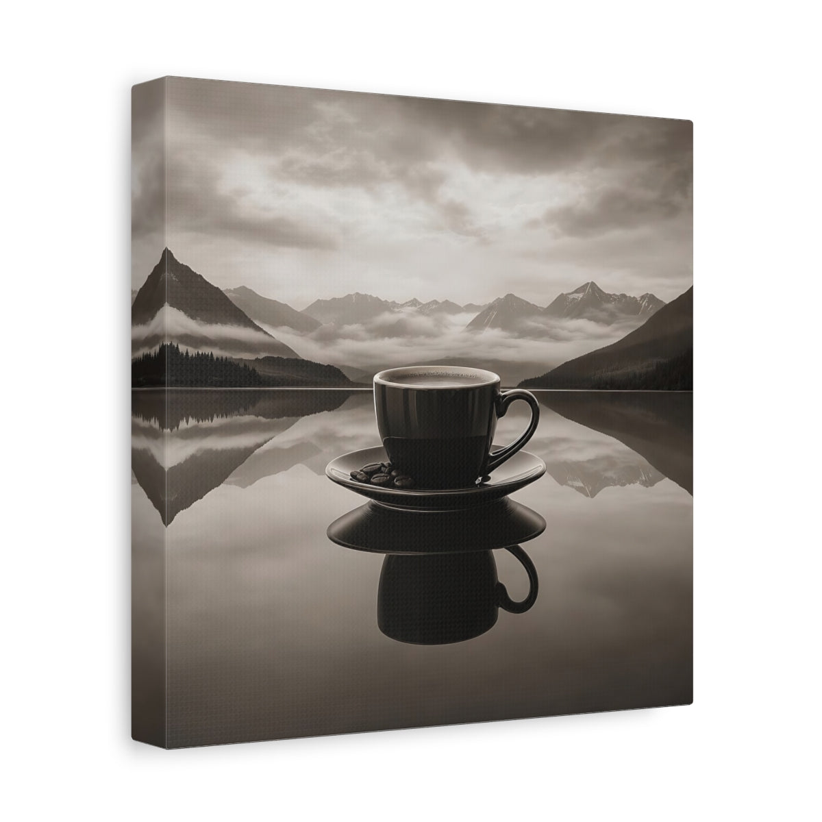 Side Mockup 9. Nature Coffee Cup Monochrome Coffee shown as stretched canvas wall art