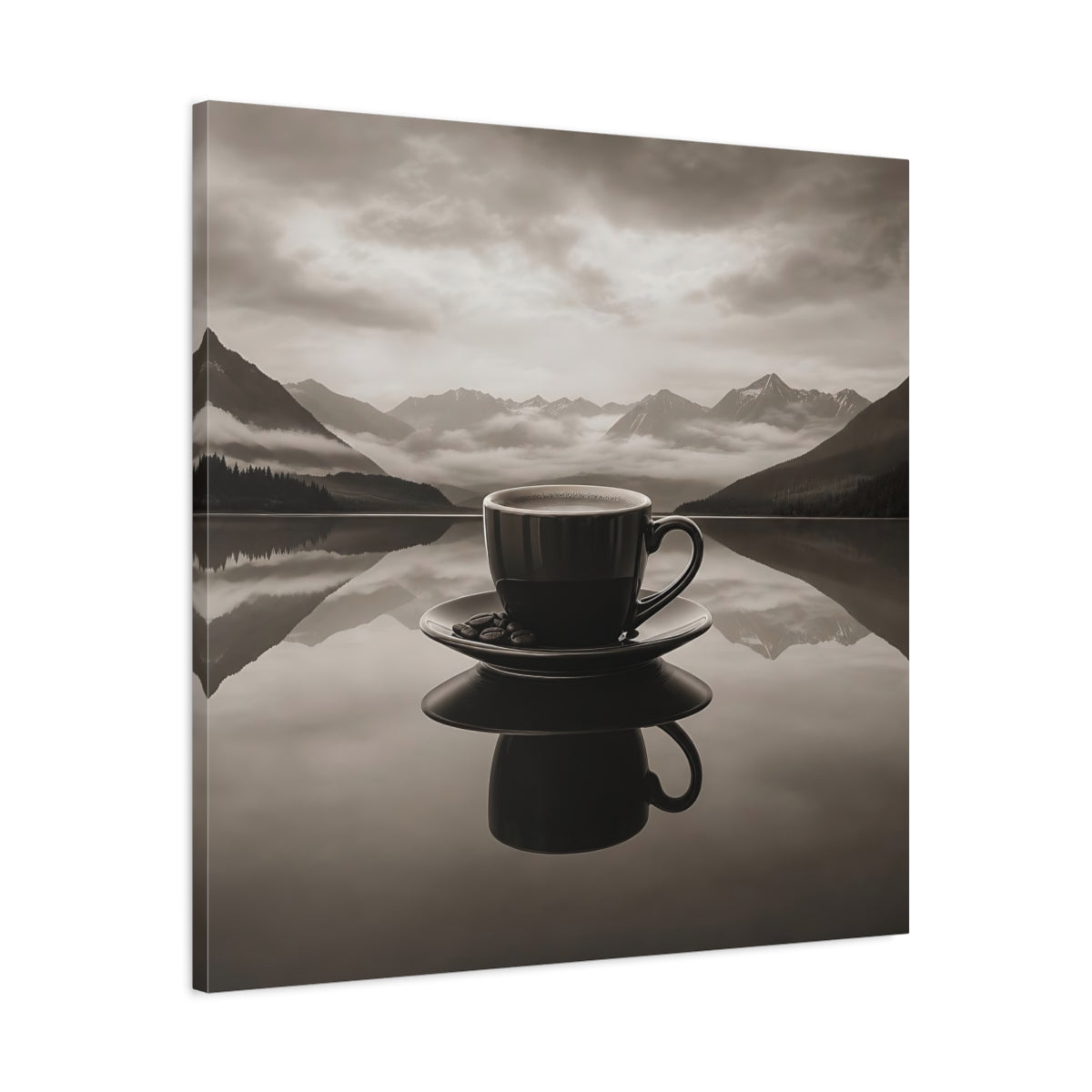 Side Mockup 3. Nature Coffee Cup Monochrome Coffee shown as stretched canvas wall art