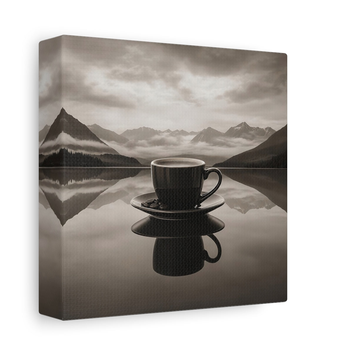 Side Mockup 2. Nature Coffee Cup Monochrome Coffee shown as stretched canvas wall art