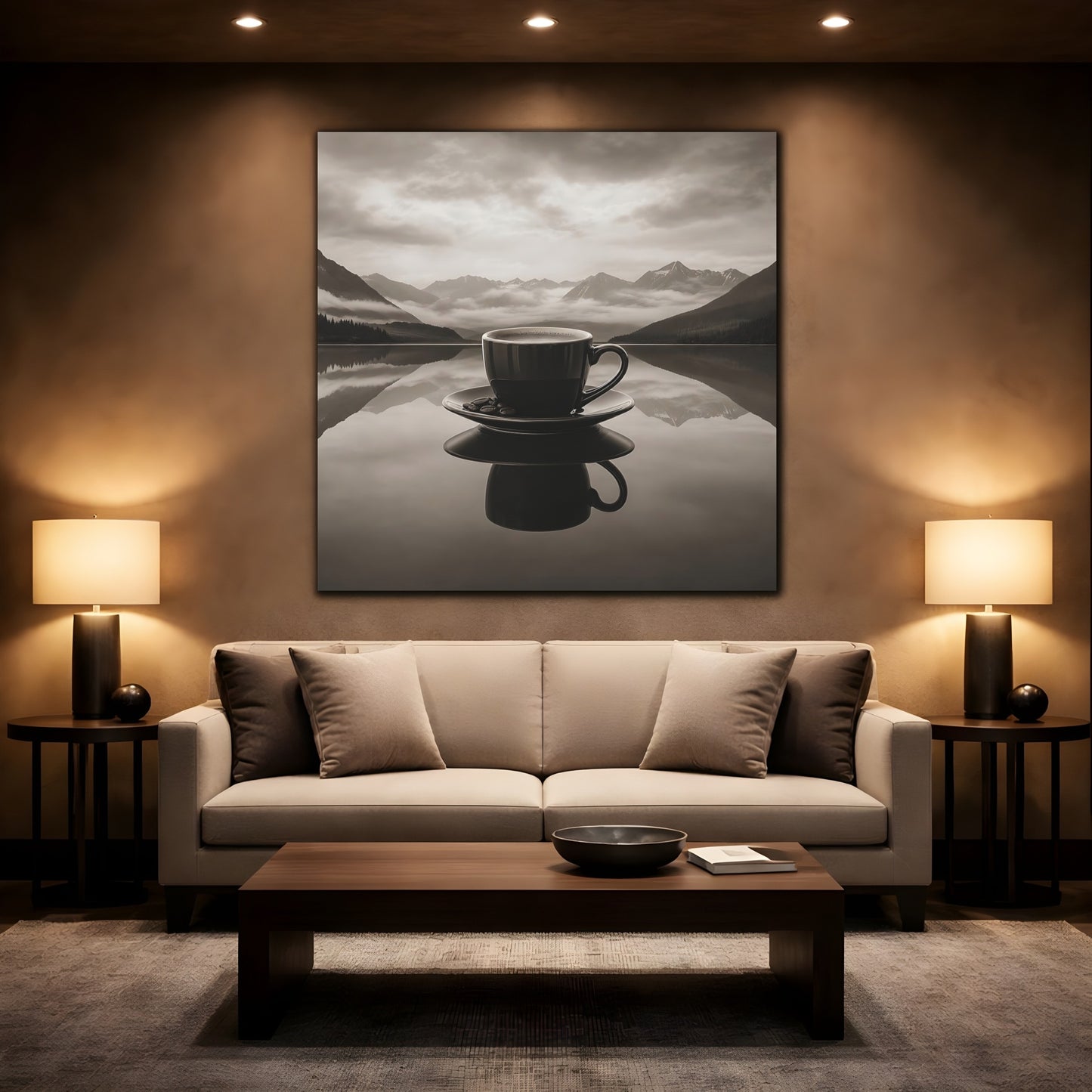Mockup 2. Nature Coffee Cup Monochrome Coffee shown as stretched canvas wall art