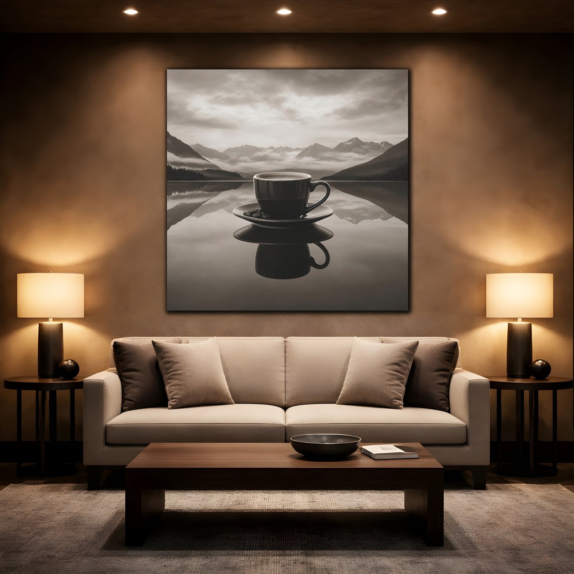 Mockup 2. Nature Coffee Cup Monochrome Coffee shown as stretched canvas wall art