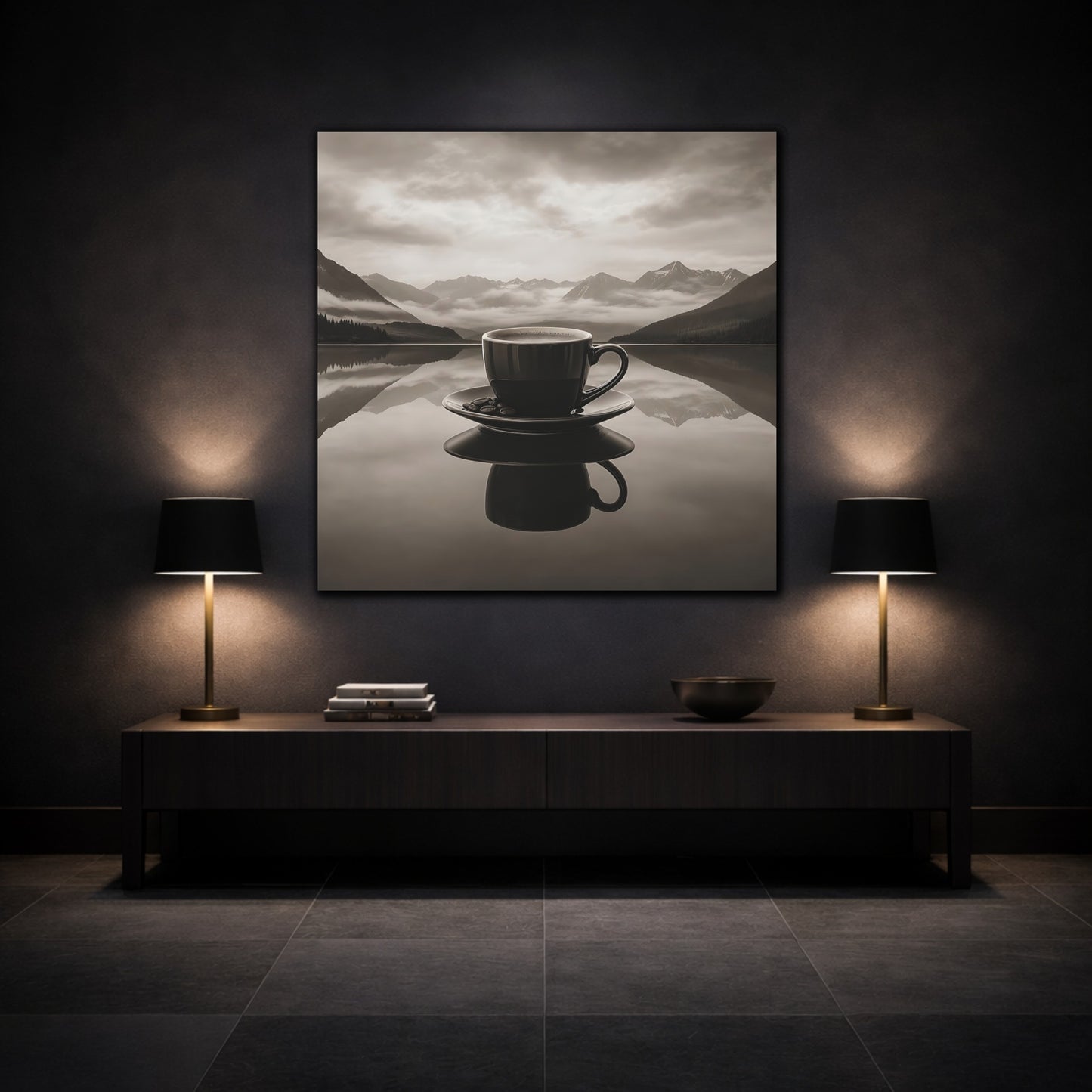 Mockup 3. Nature Coffee Cup Monochrome Coffee shown as stretched canvas wall art