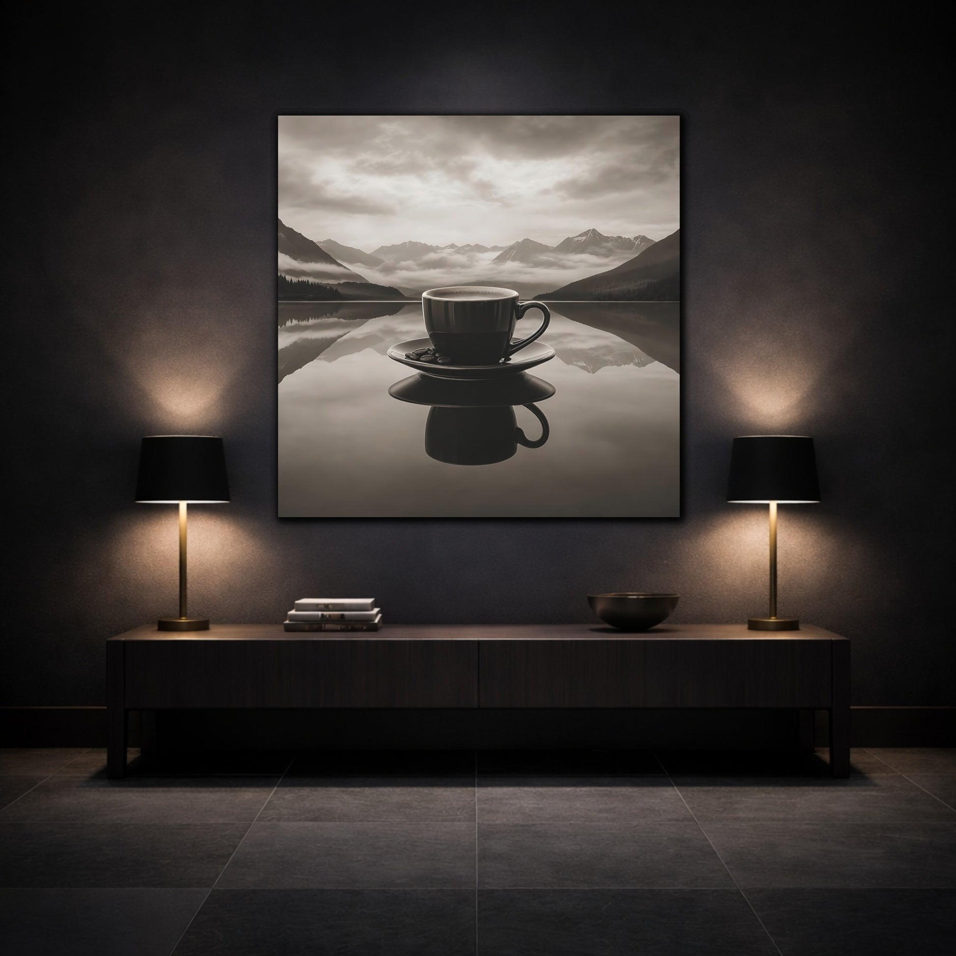 Mockup 3. Nature Coffee Cup Monochrome Coffee shown as stretched canvas wall art