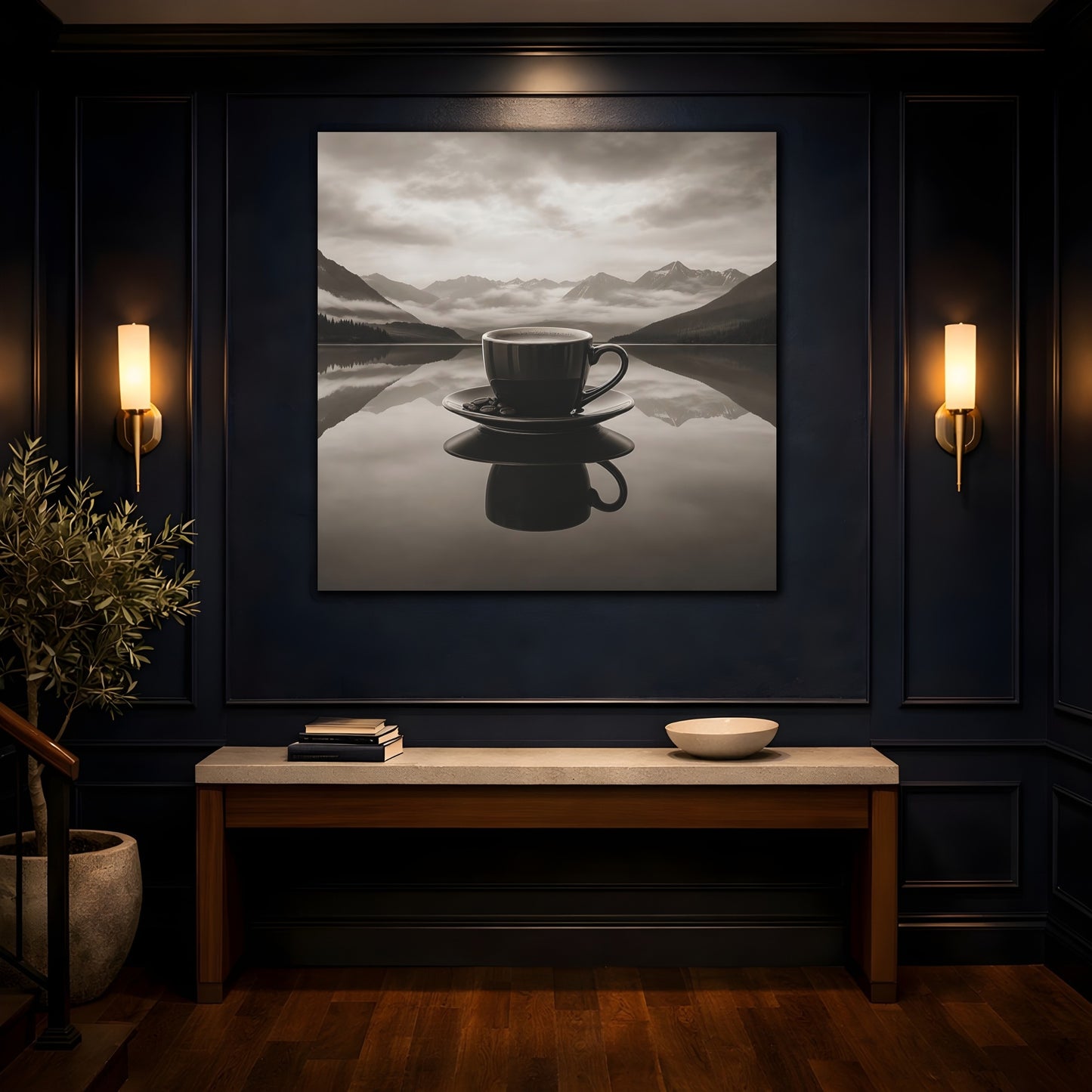 Mockup 4. Nature Coffee Cup Monochrome Coffee shown as stretched canvas wall art