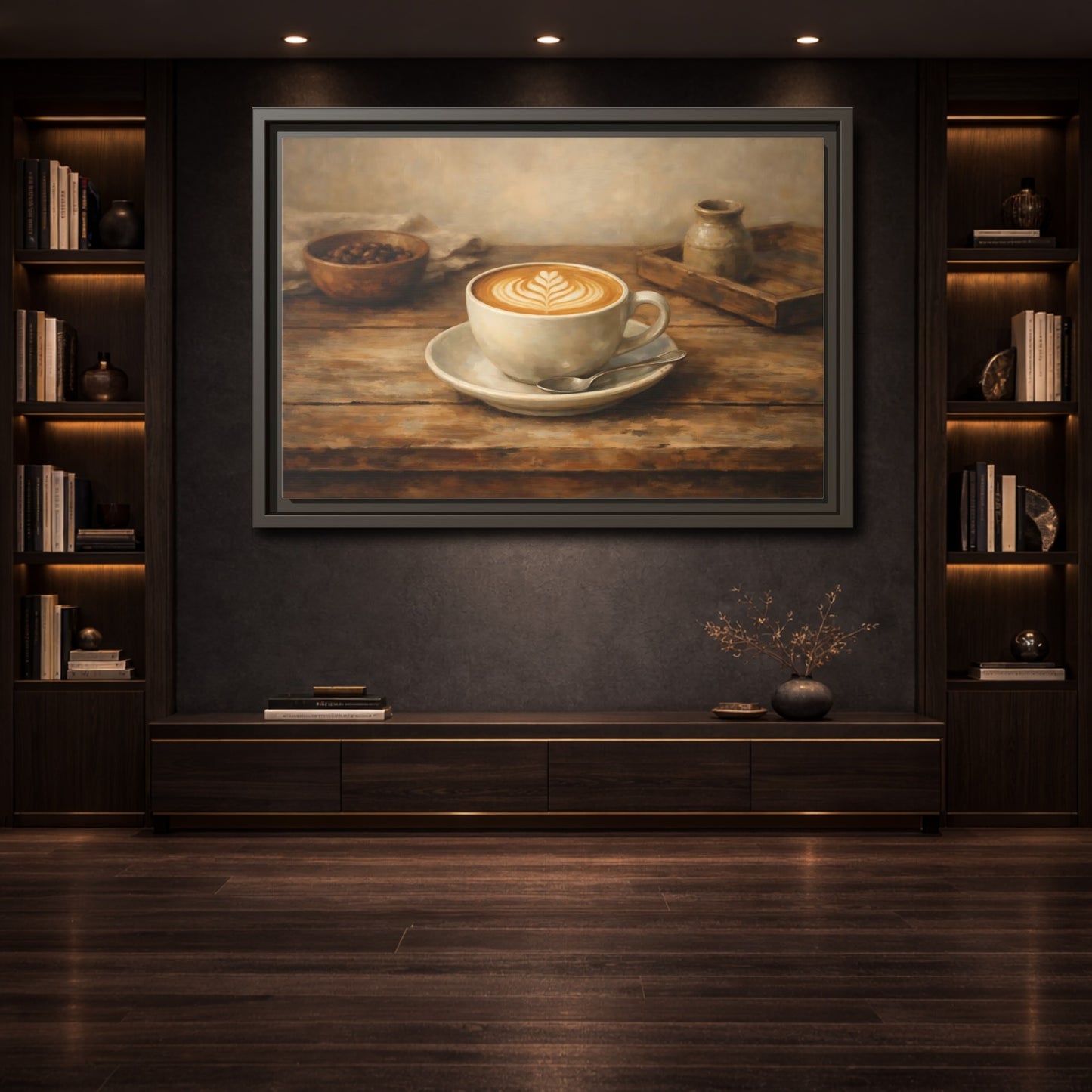 Mockup 3. Nature Coffee Cup Rustic Coffee shown as stretched canvas wall art