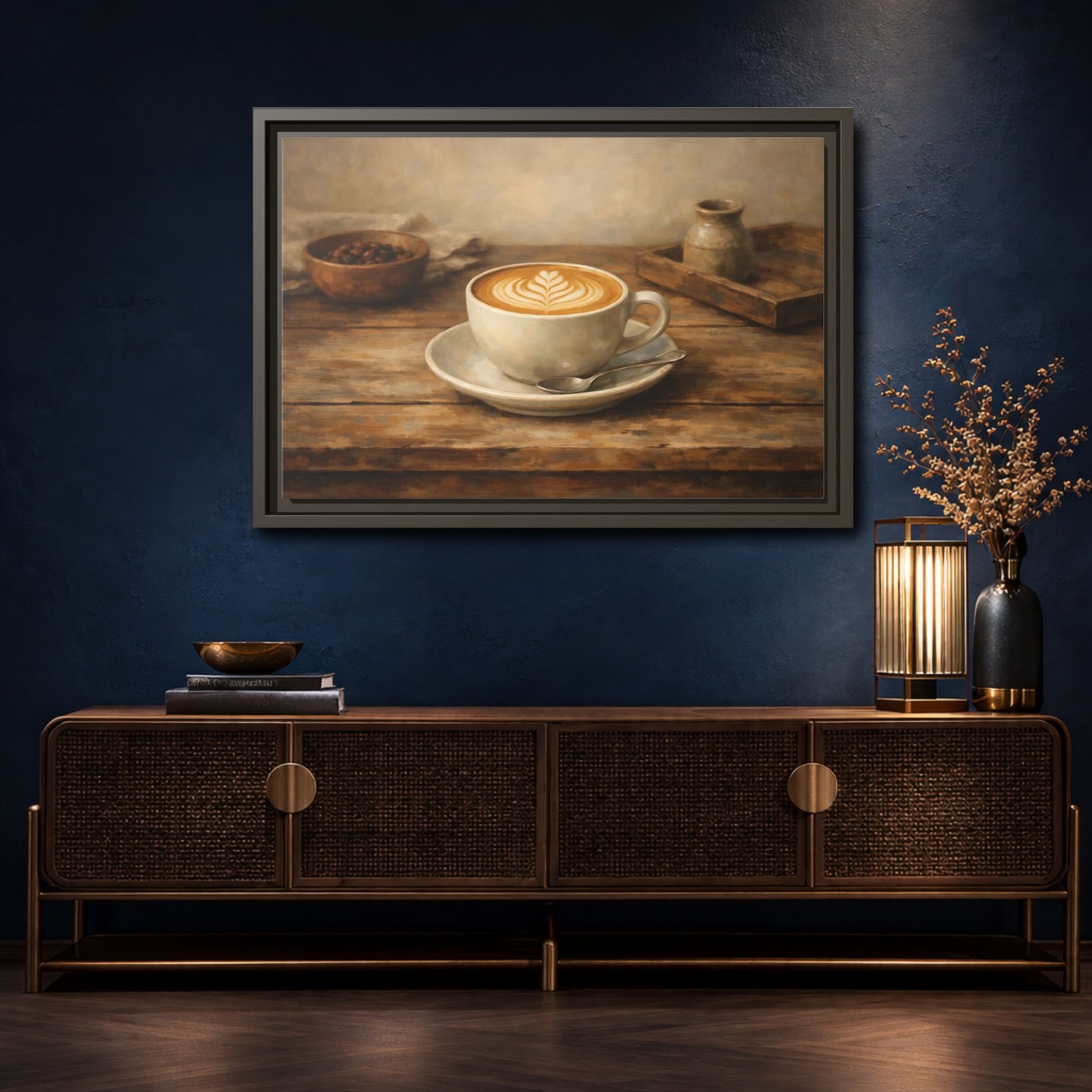 Mockup 4. Nature Coffee Cup Rustic Coffee shown as stretched canvas wall art