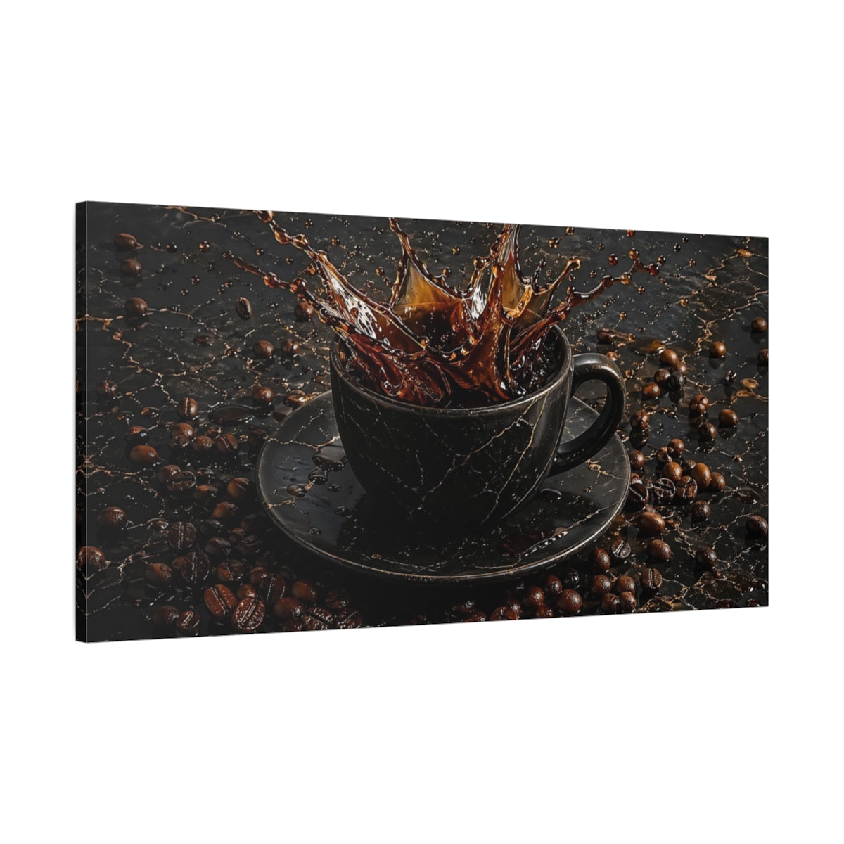 Main Mockup. Nature Coffee Splash Brown And Black shown as stretched canvas wall art
