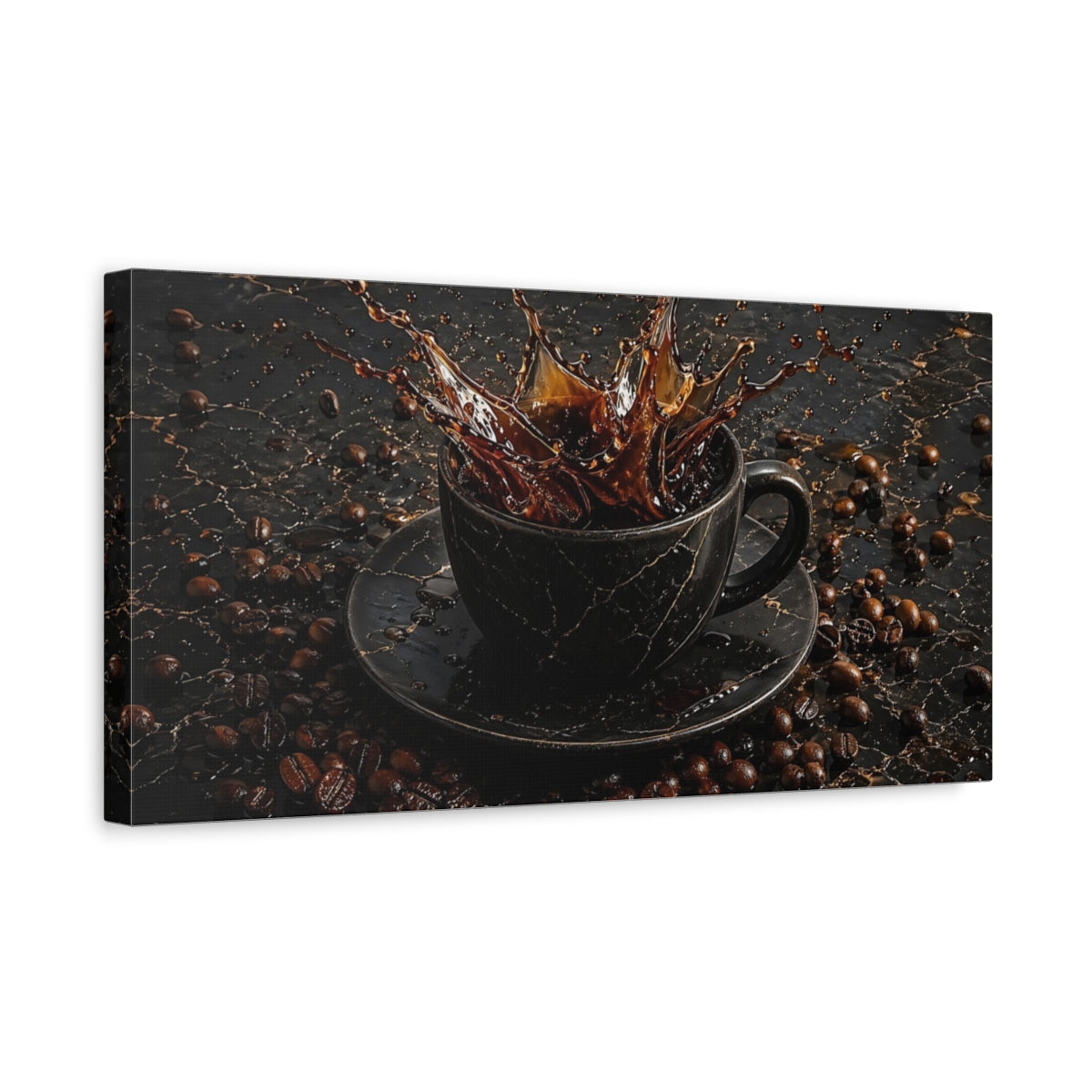 Side Mockup 3. Nature Coffee Splash Brown And Black shown as stretched canvas wall art