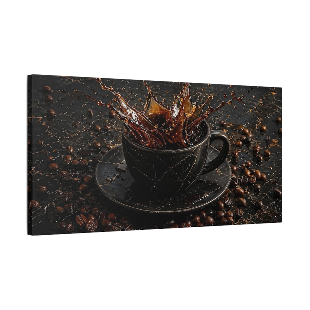 Side Mockup 1. Nature Coffee Splash Brown And Black shown as stretched canvas wall art