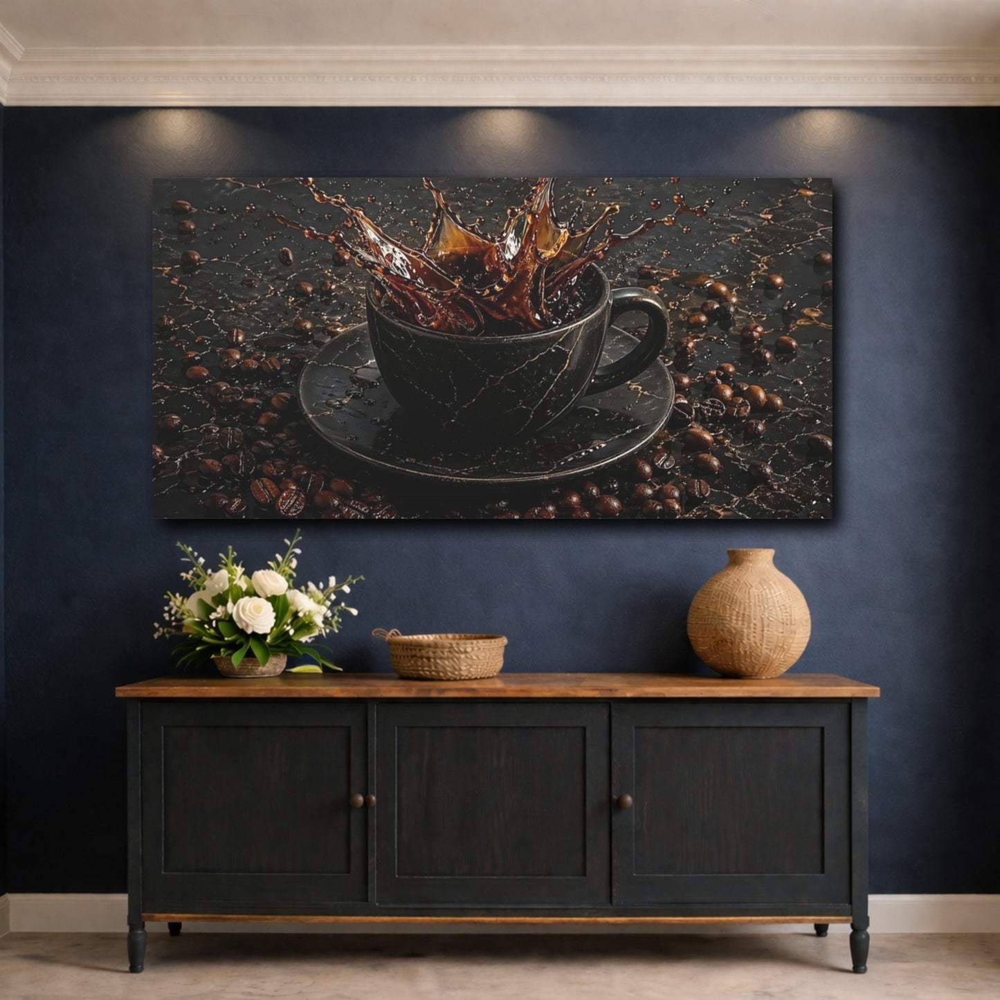 Mockup 4. Nature Coffee Splash Brown And Black shown as stretched canvas wall art