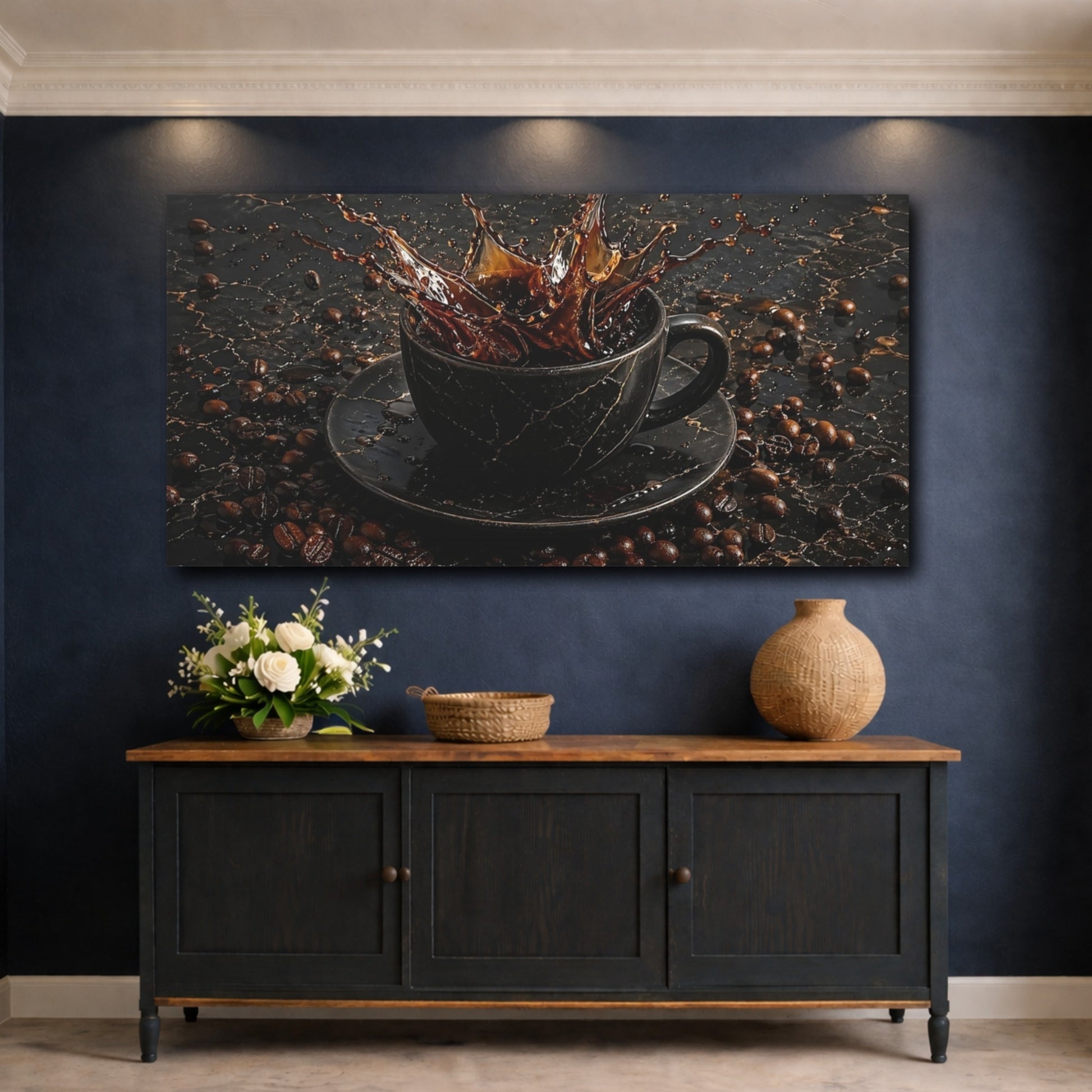 Mockup 4. Nature Coffee Splash Brown And Black shown as stretched canvas wall art