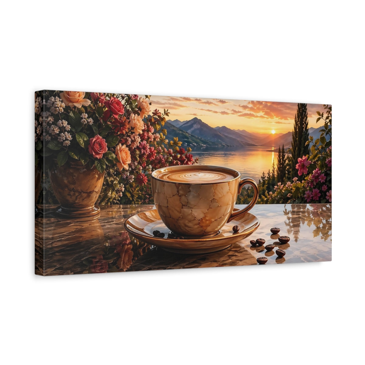 Side Mockup 3. Nature Coffee Sunset Warm Sunset Scene shown as stretched canvas wall art