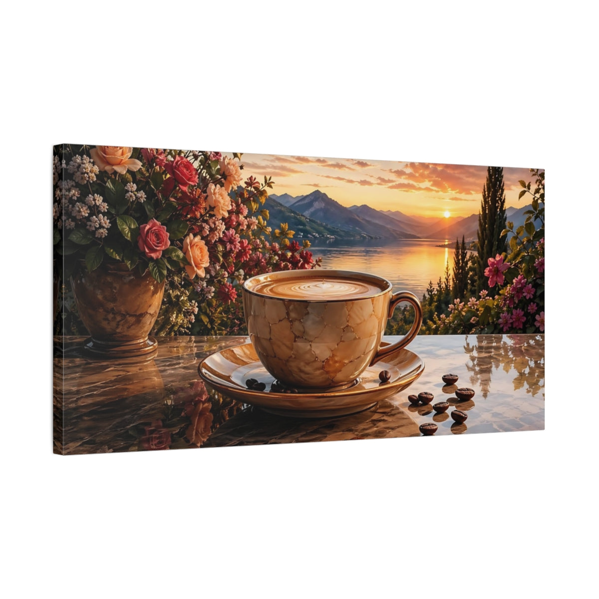 Side Mockup 1. Nature Coffee Sunset Warm Sunset Scene shown as stretched canvas wall art