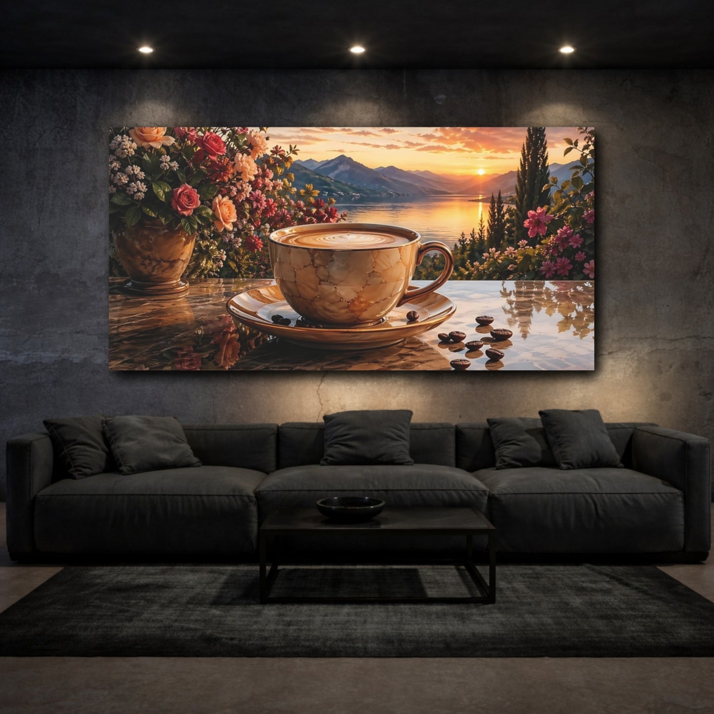 Mockup 2. Nature Coffee Sunset Warm Sunset Scene shown as stretched canvas wall art