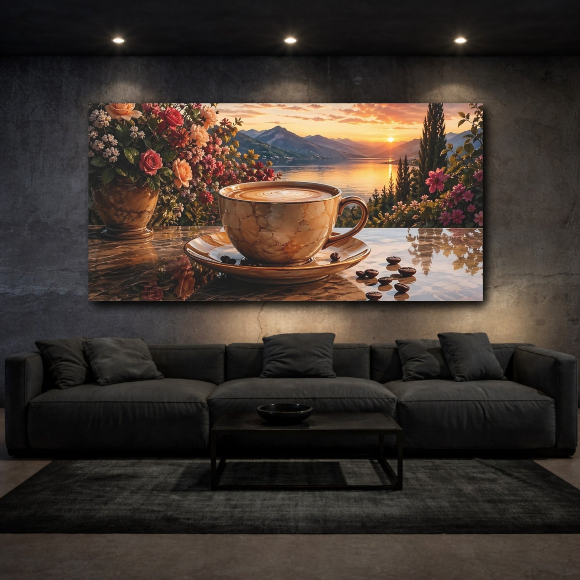 Mockup 2. Nature Coffee Sunset Warm Sunset Scene shown as stretched canvas wall art