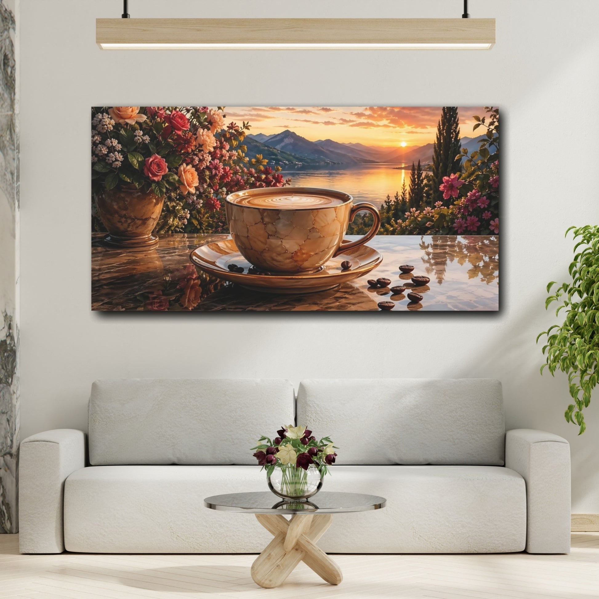 Mockup 3. Nature Coffee Sunset Warm Sunset Scene shown as stretched canvas wall art