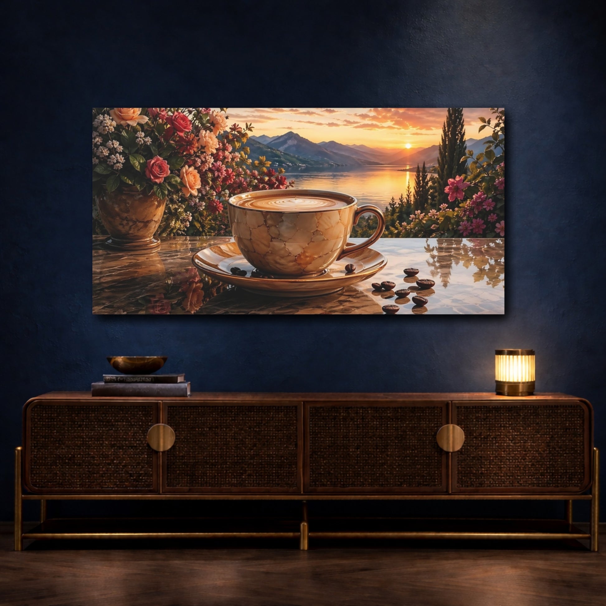 Mockup 4. Nature Coffee Sunset Warm Sunset Scene shown as stretched canvas wall art