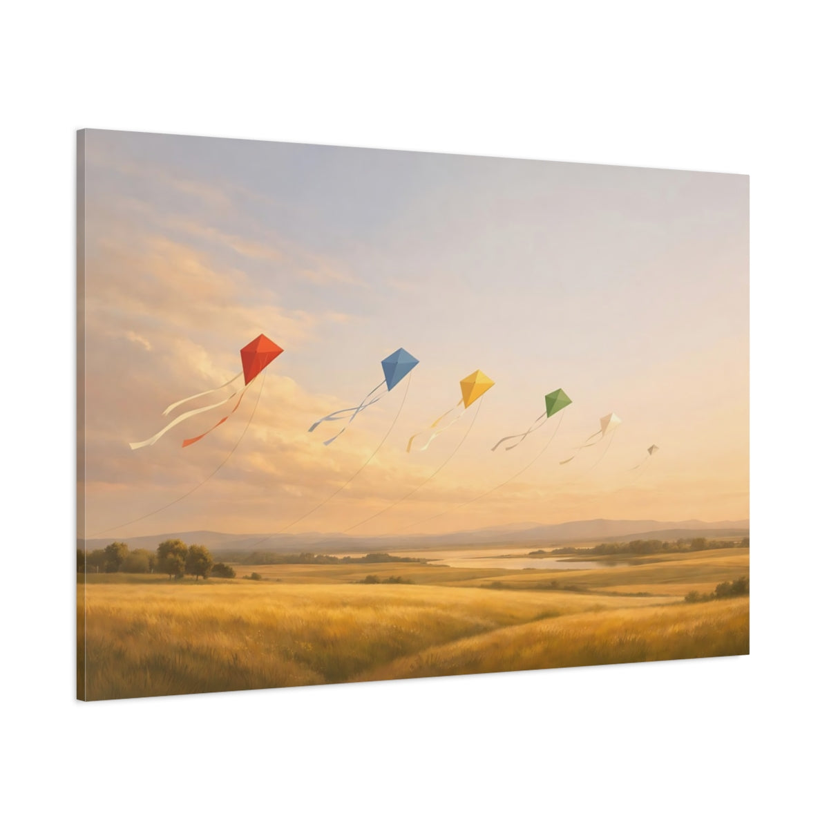 Side Mockup 1. Nature Colorful Kites Golden Field Kites shown as stretched canvas wall art