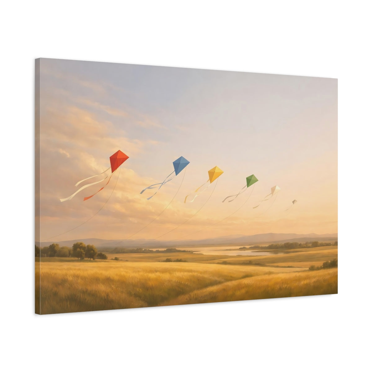 Main Mockup. Nature Colorful Kites Golden Field Kites shown as stretched canvas wall art