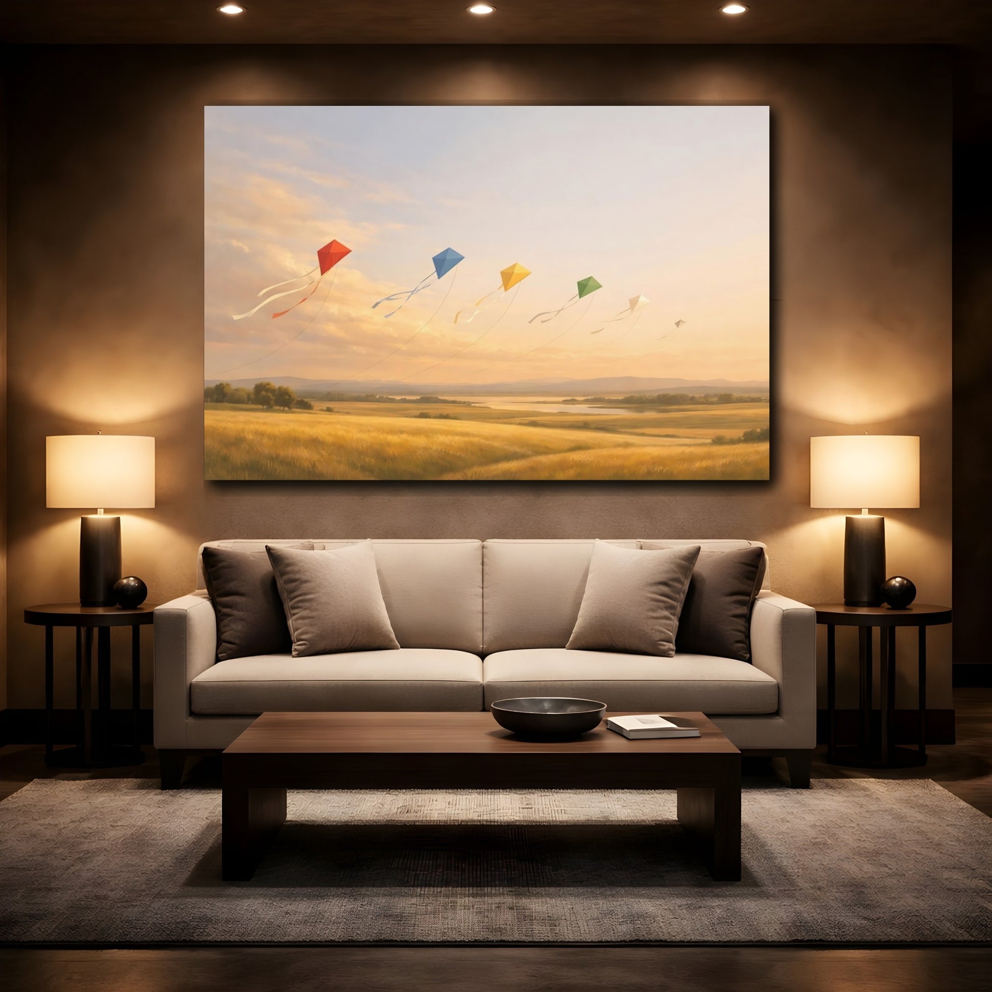 Mockup 2. Nature Colorful Kites Golden Field Kites shown as stretched canvas wall art