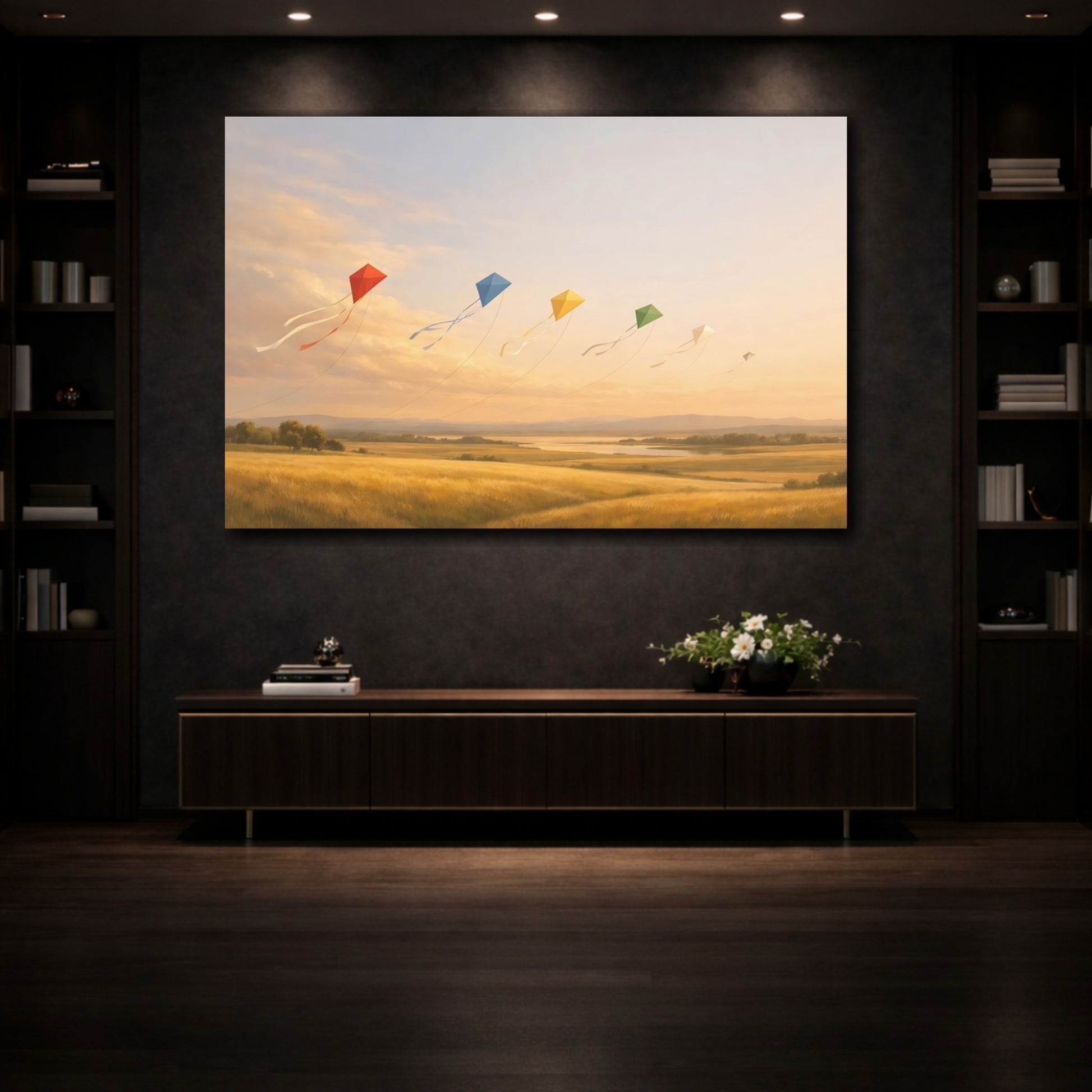 Mockup 3. Nature Colorful Kites Golden Field Kites shown as stretched canvas wall art