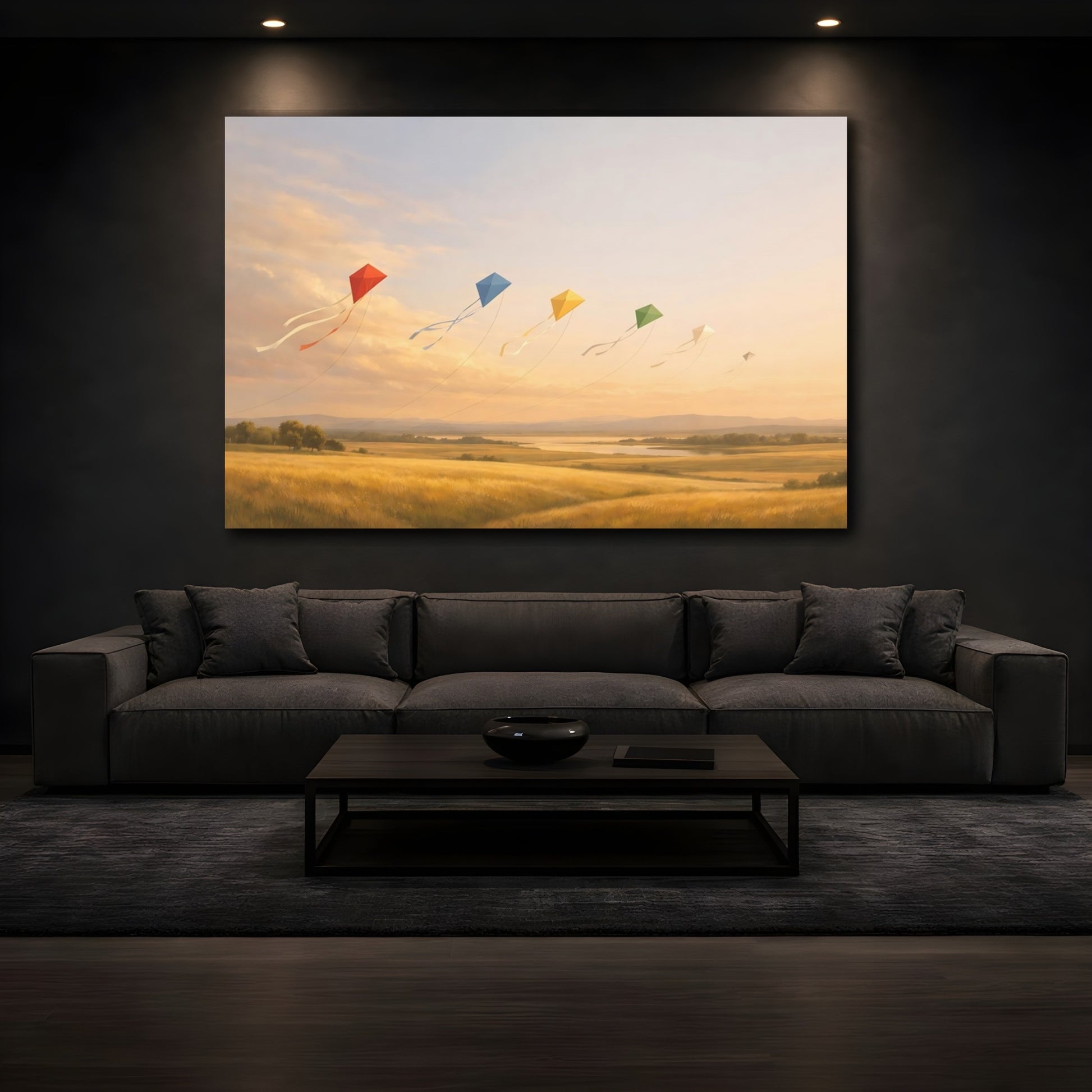 Mockup 4. Nature Colorful Kites Golden Field Kites shown as stretched canvas wall art