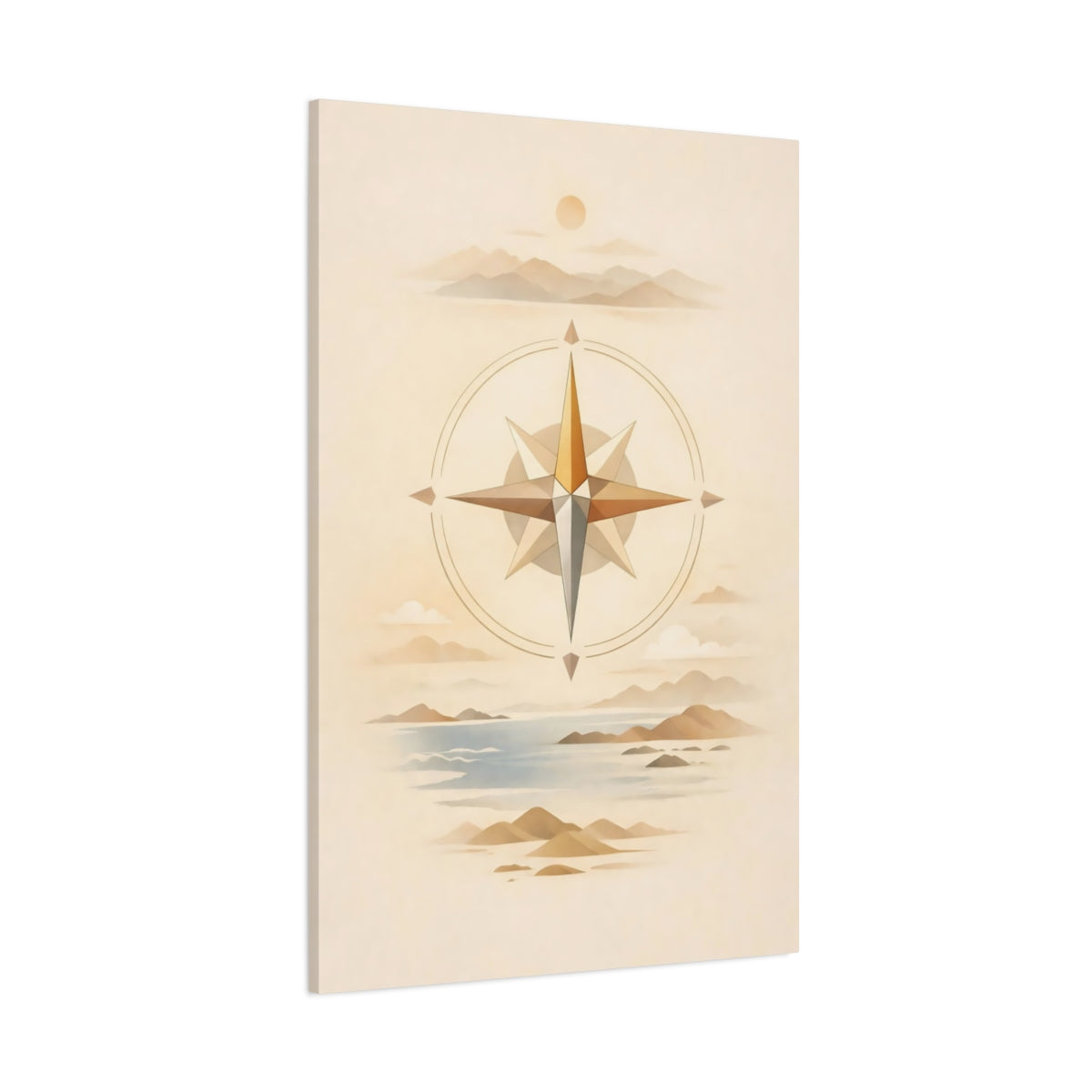 Main Mockup. Nature Compass Rose Brown And Blue shown as stretched canvas wall art