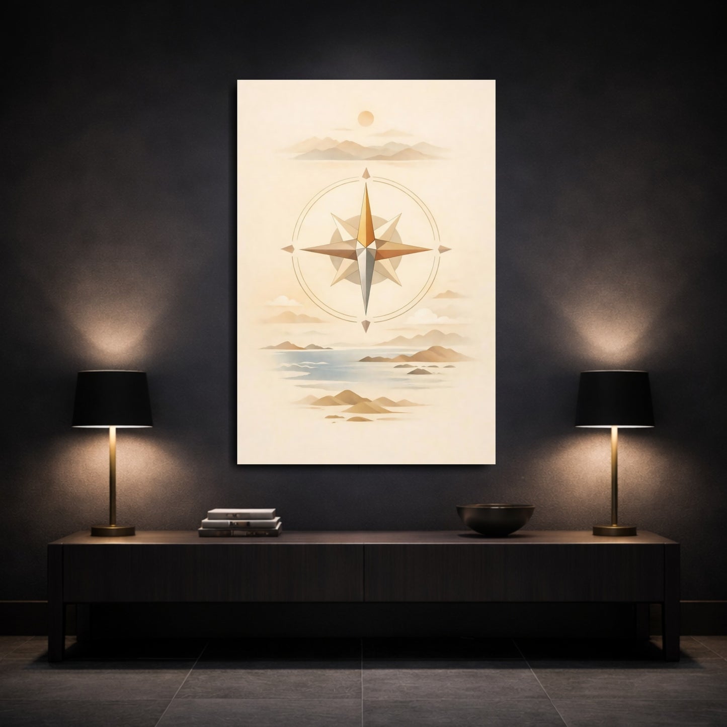 Mockup 2. Nature Compass Rose Brown And Blue shown as stretched canvas wall art