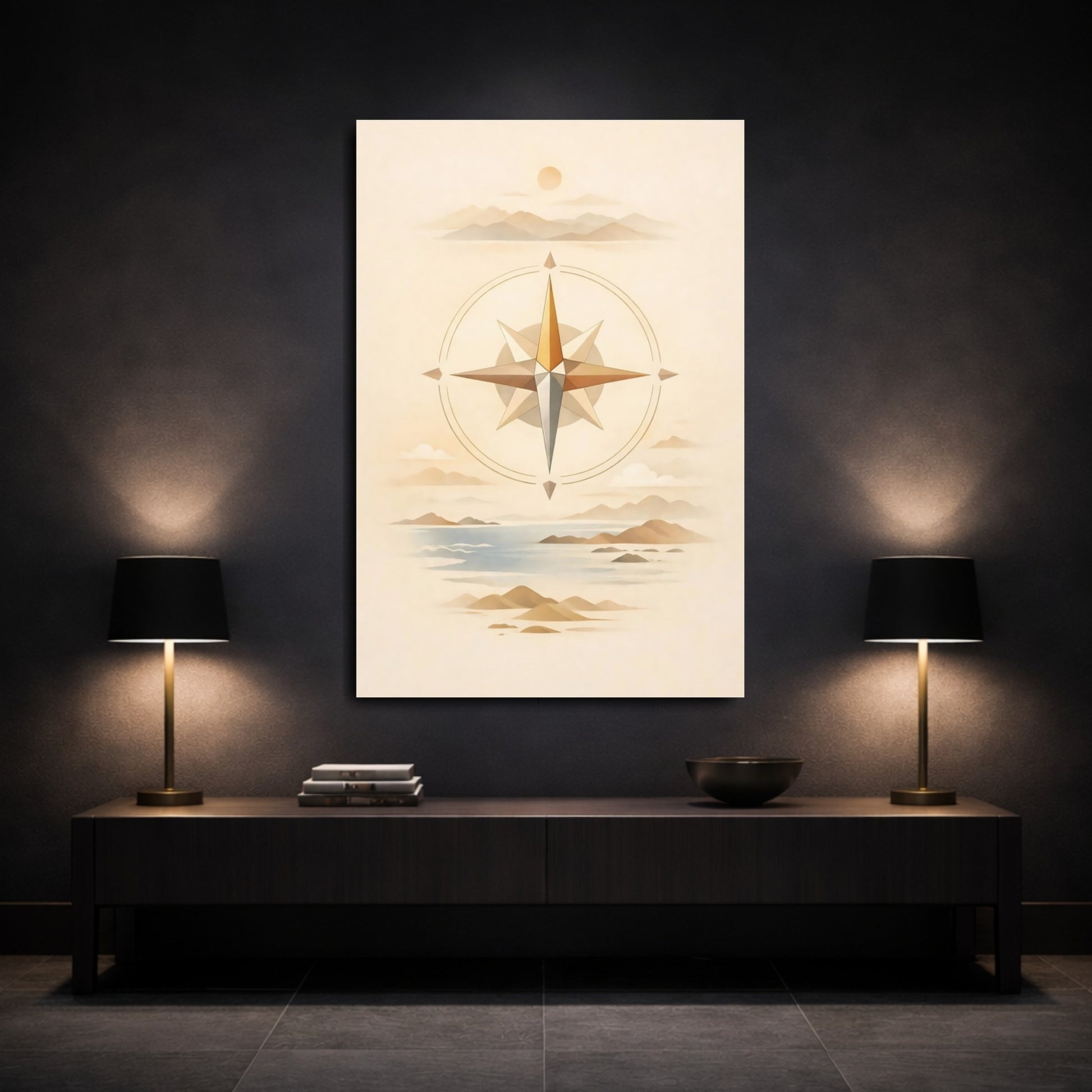 Mockup 2. Nature Compass Rose Brown And Blue shown as stretched canvas wall art