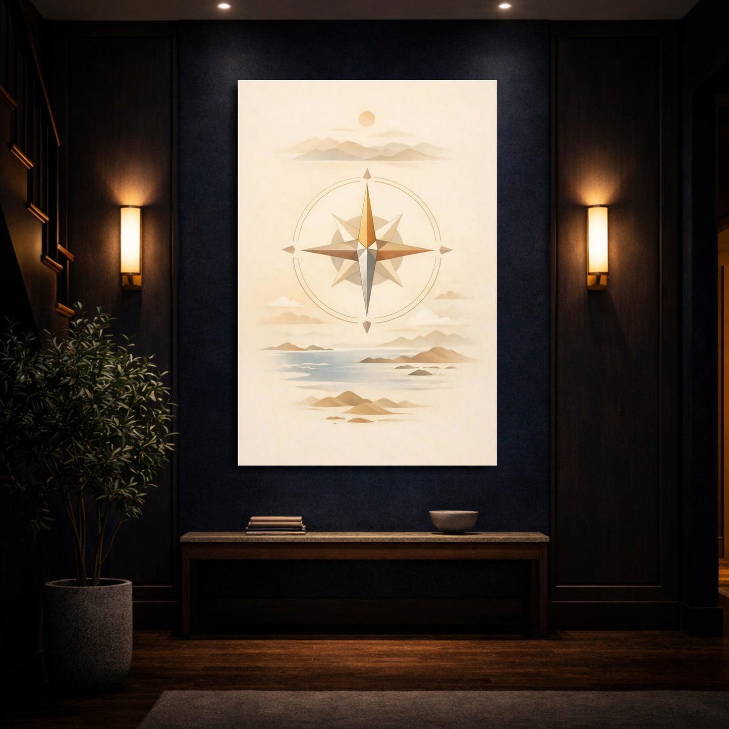 Mockup 3. Nature Compass Rose Brown And Blue shown as stretched canvas wall art