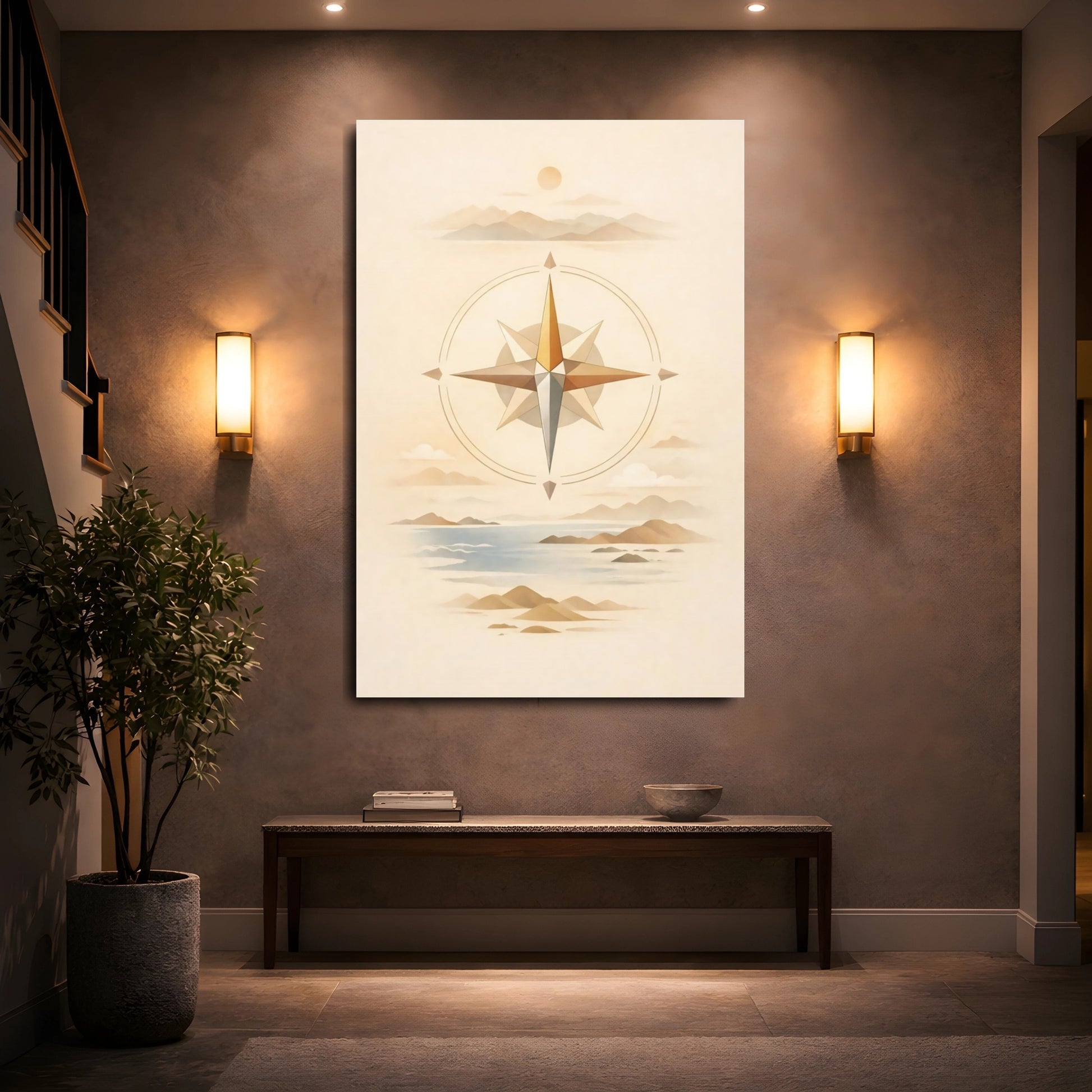 Mockup 4. Nature Compass Rose Brown And Blue shown as stretched canvas wall art