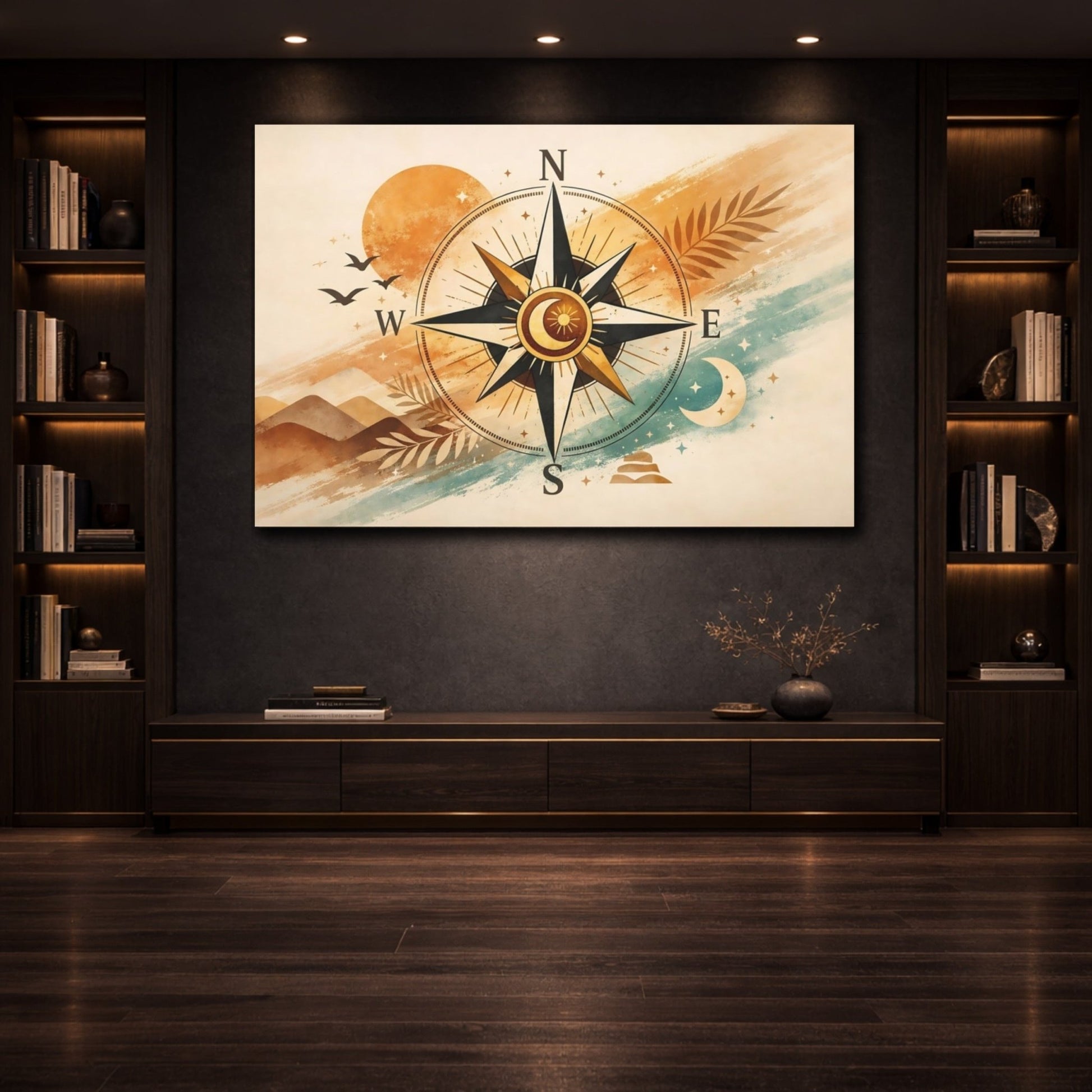 Nature Compass Rose Orange And Teal - Canvas Wall Art Print - YesArtYes