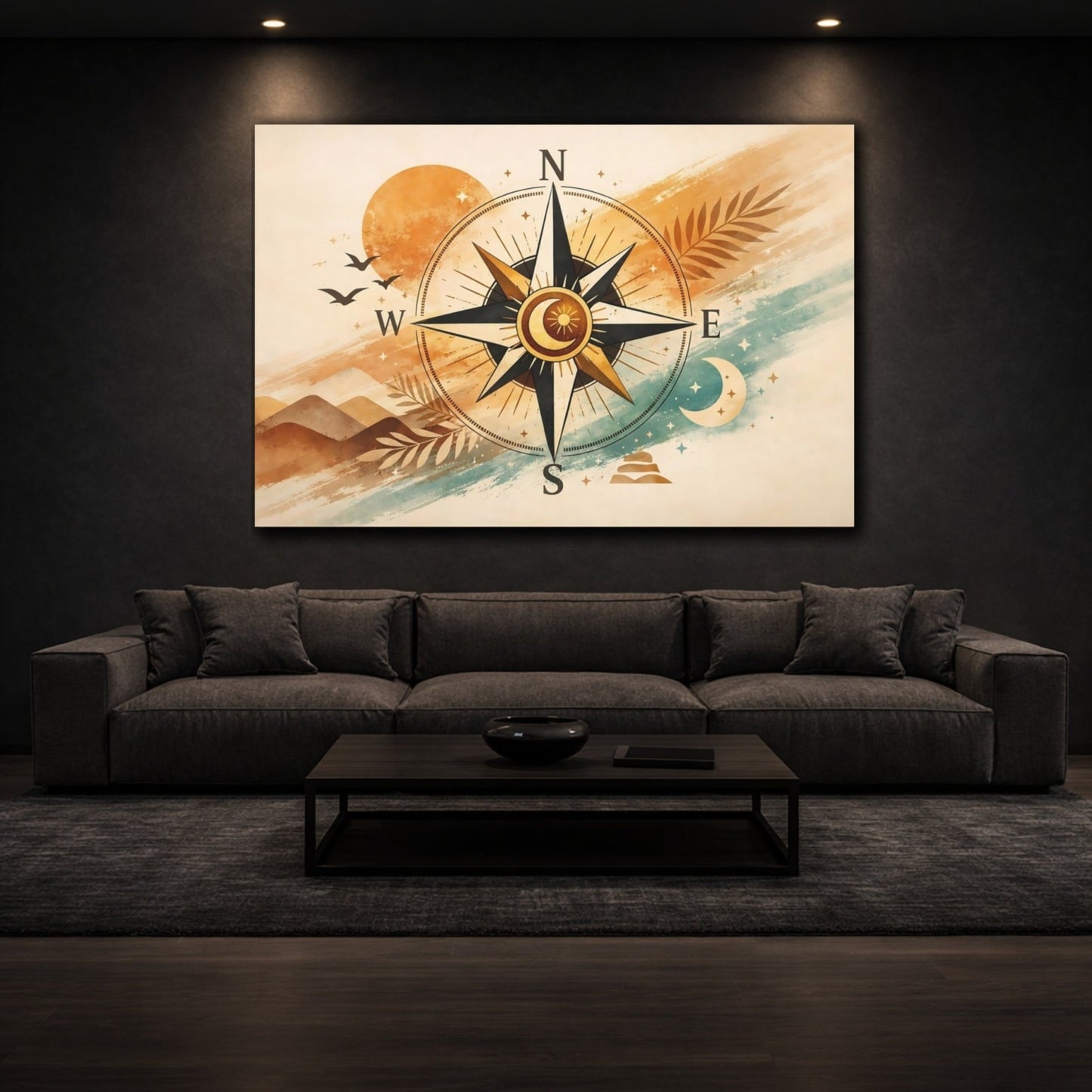 Nature Compass Rose Orange And Teal - Canvas Wall Art Print - YesArtYes