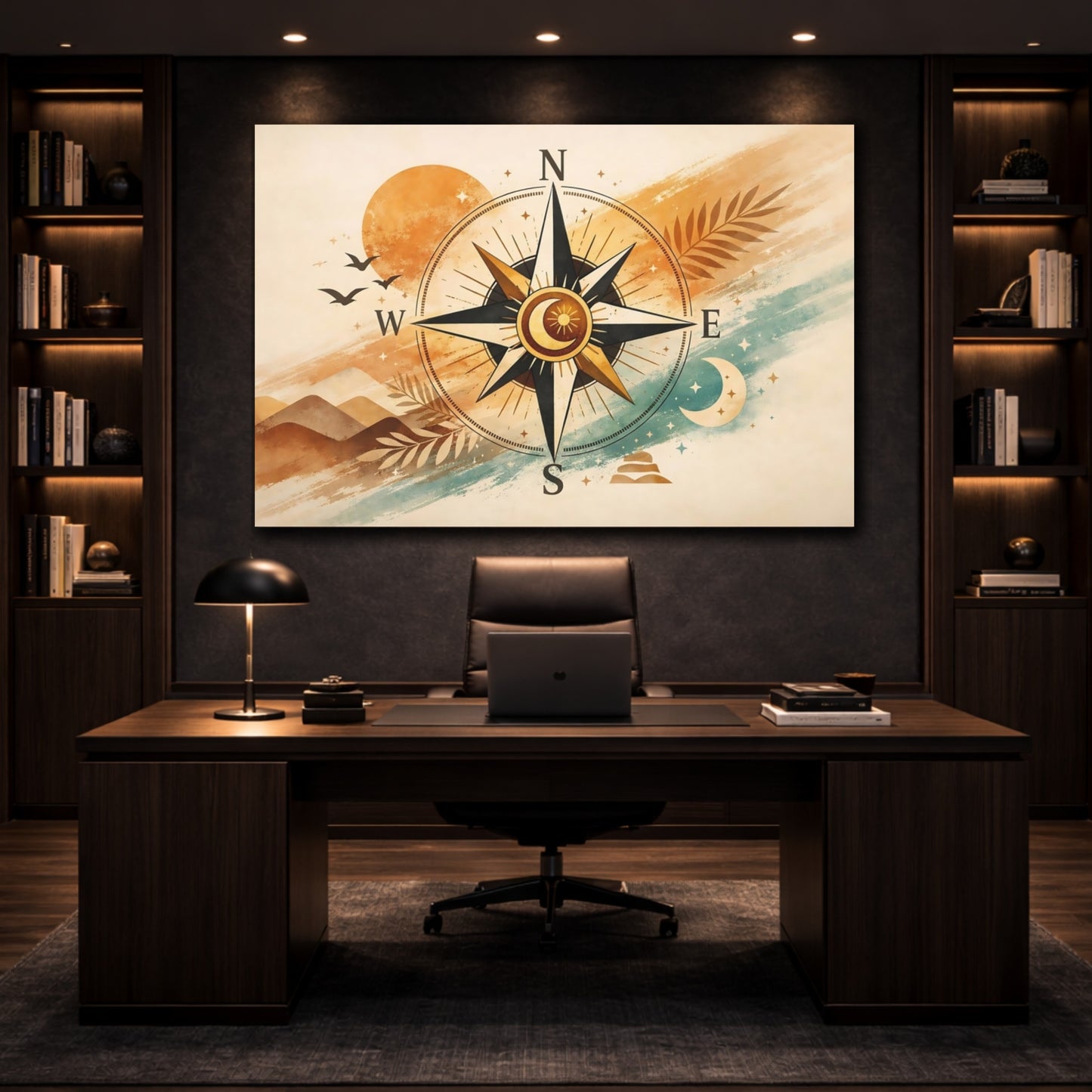 Nature Compass Rose Orange And Teal Compass shown as front canvas room wall art