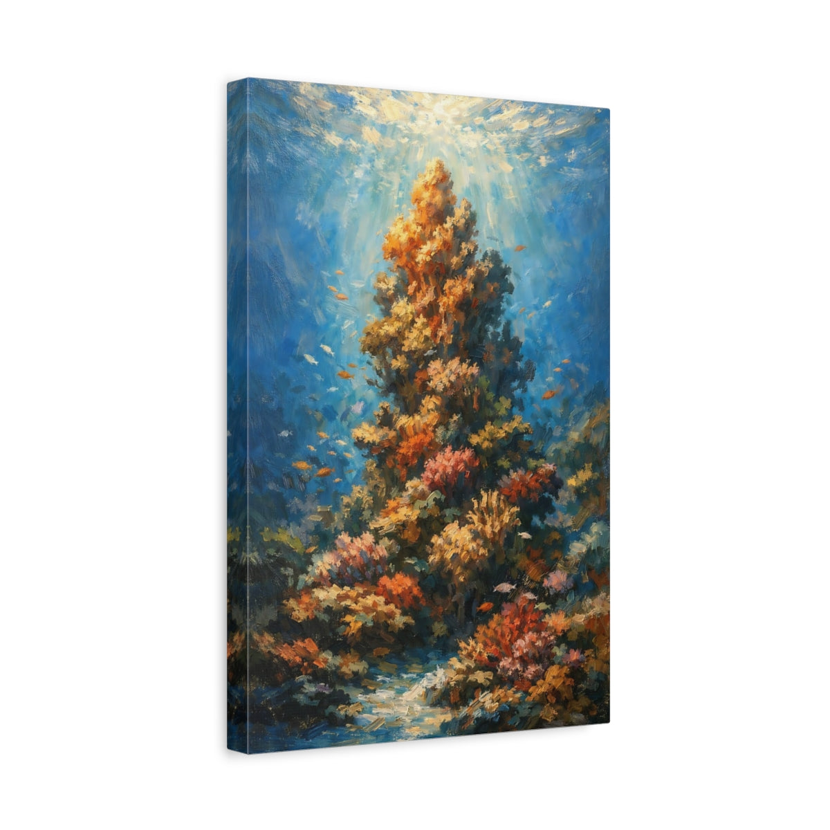 Side Mockup 4. Nature Coral Reef Blue And Orange Coral shown as stretched canvas wall art