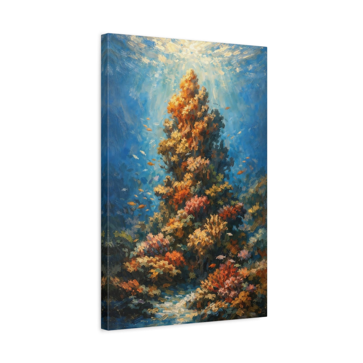 Side Mockup 3. Nature Coral Reef Blue And Orange Coral shown as stretched canvas wall art