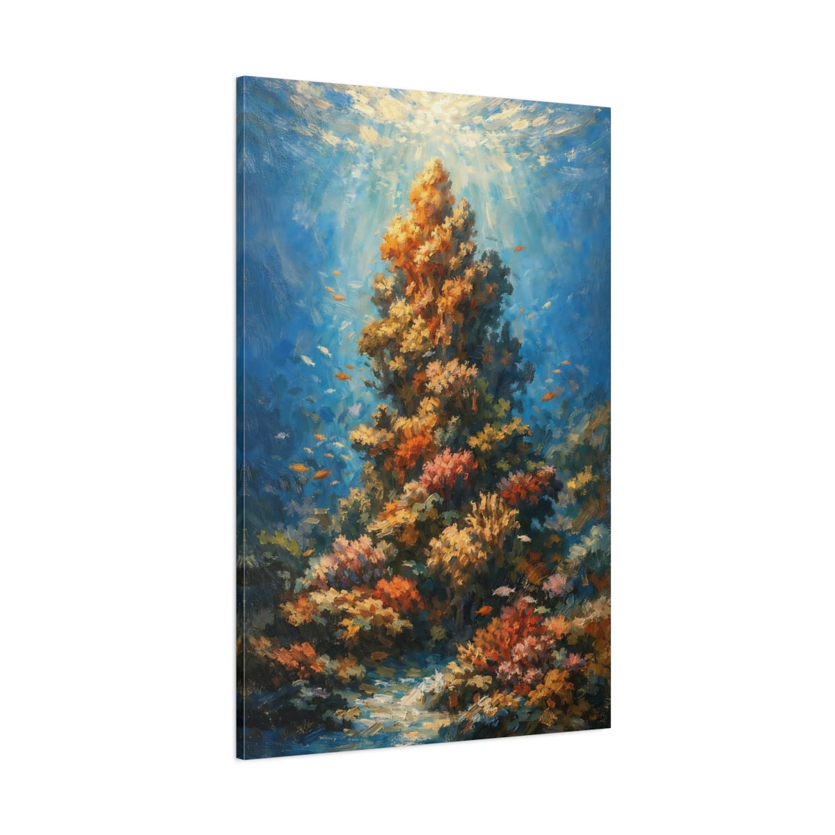 Main Mockup. Nature Coral Reef Blue And Orange Coral shown as stretched canvas wall art